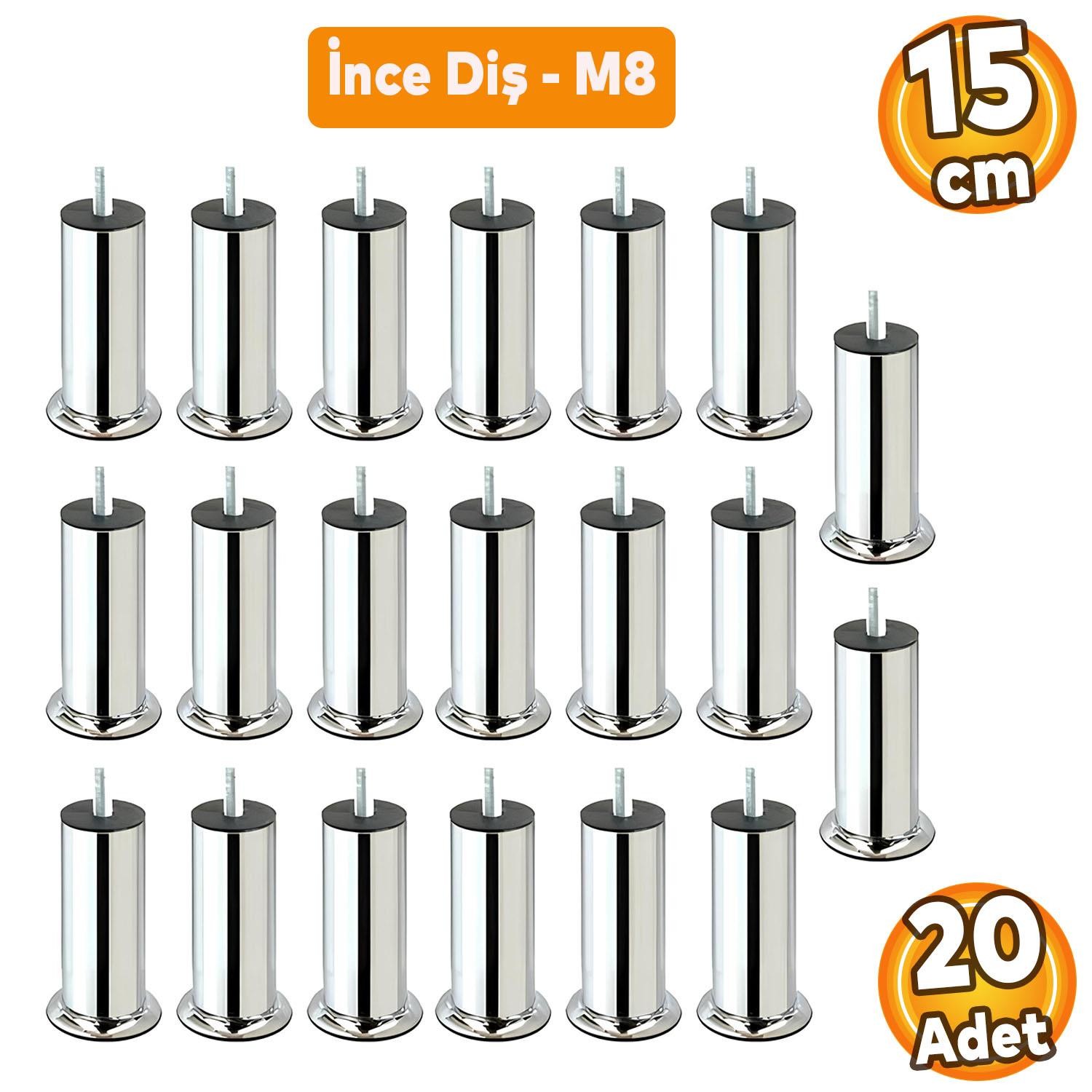 Baza Koltuk Kanepe Mobilya Yatak Çekyat Ayağı Ince Diş M8 Metrik 8 Mm Krom Metal Ayakları 15 cm 20 Adet