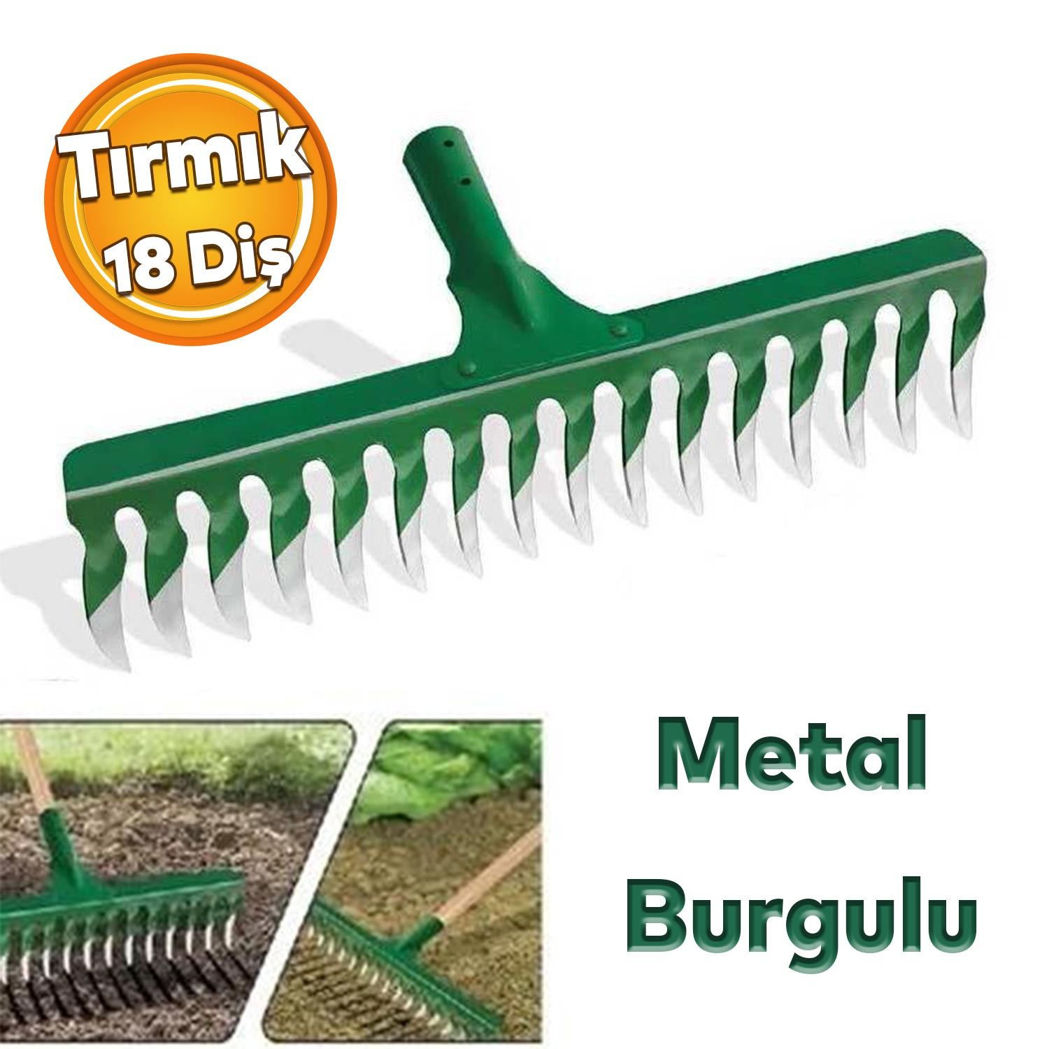 Metal Burgulu Bahçe Tarla Tırmık 18 Diş Çim Peyzaj Yaprak Ot Saman Temizleme Toprak İşleme Tırmığı