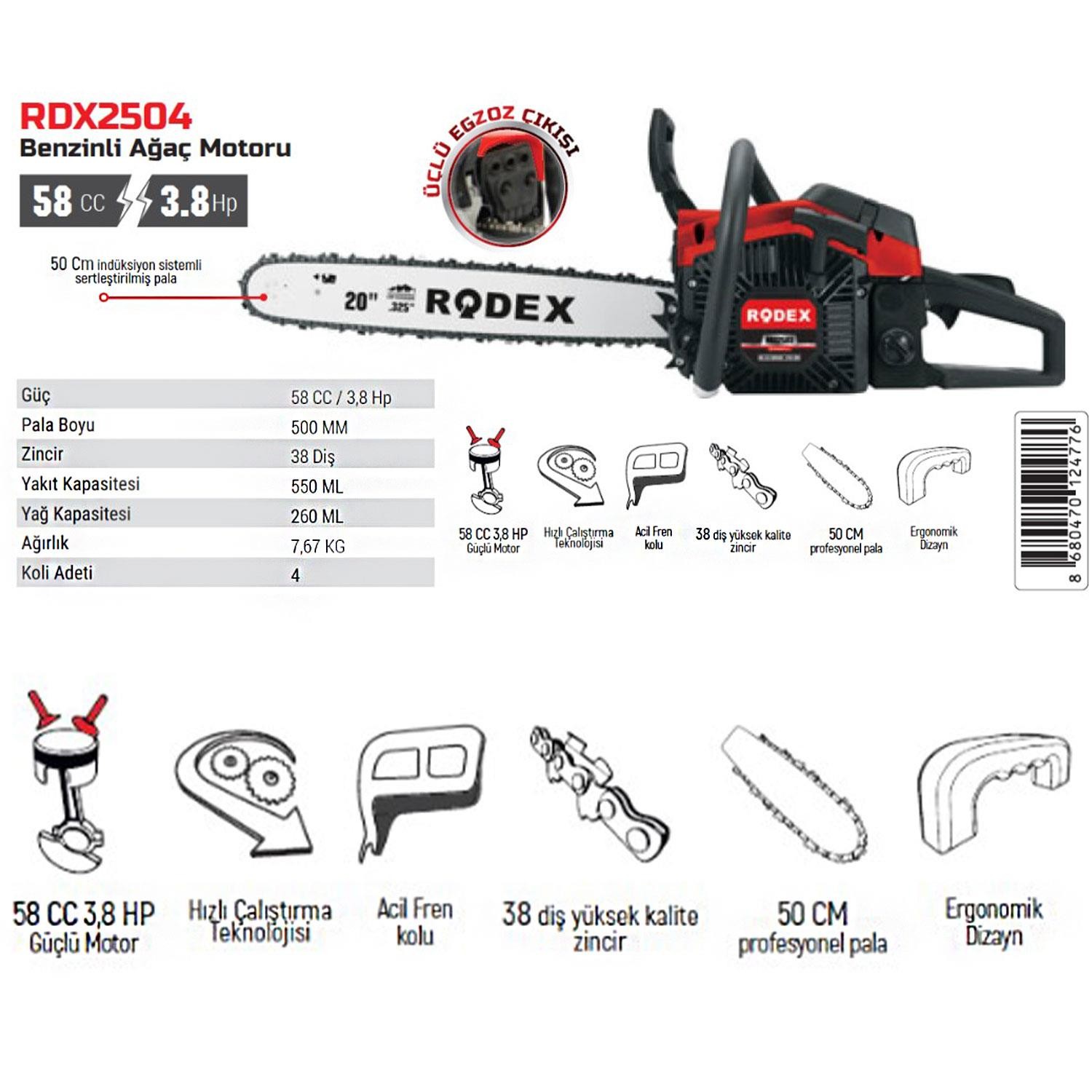 Rodex RDX2504 Benzinli Hızar Ağaç Kesme Motoru 50 Cm 38 Diş