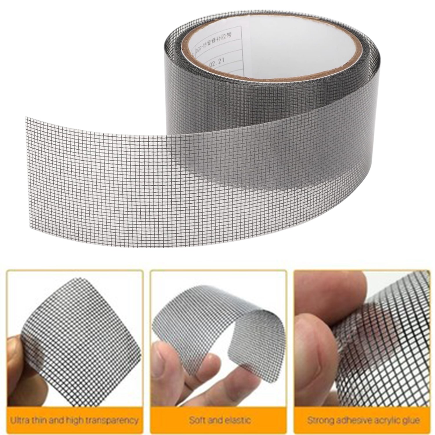 48 mm x 2 Metre Yapışkanlı Sineklik Tülü Tamir Bandı Yırtık Kopmuş Delik Fiber Tül Yapıştırma Gri