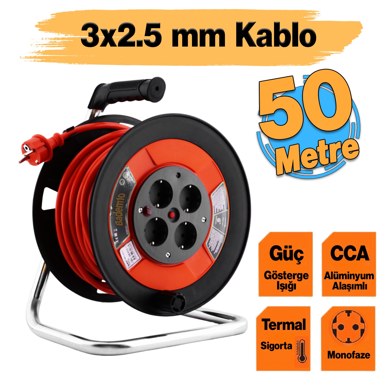 Bylion PME-50325-F Plastik Makaralı Monofaze Uzatma Kablosu 3x2.5 mm 50 Metre Seyyar CCA Alüminyum Alaşım Kablo 4 Priz