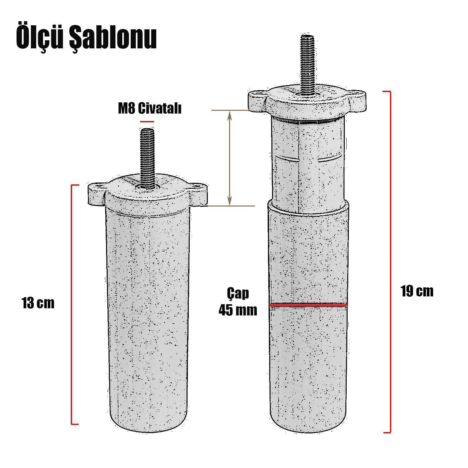 İron 6'lı Set Mobilya TV Ünitesi Çekyat Koltuk Kanepe Destek Ayağı 19 cm Siyah Ayak M8 Civatalı