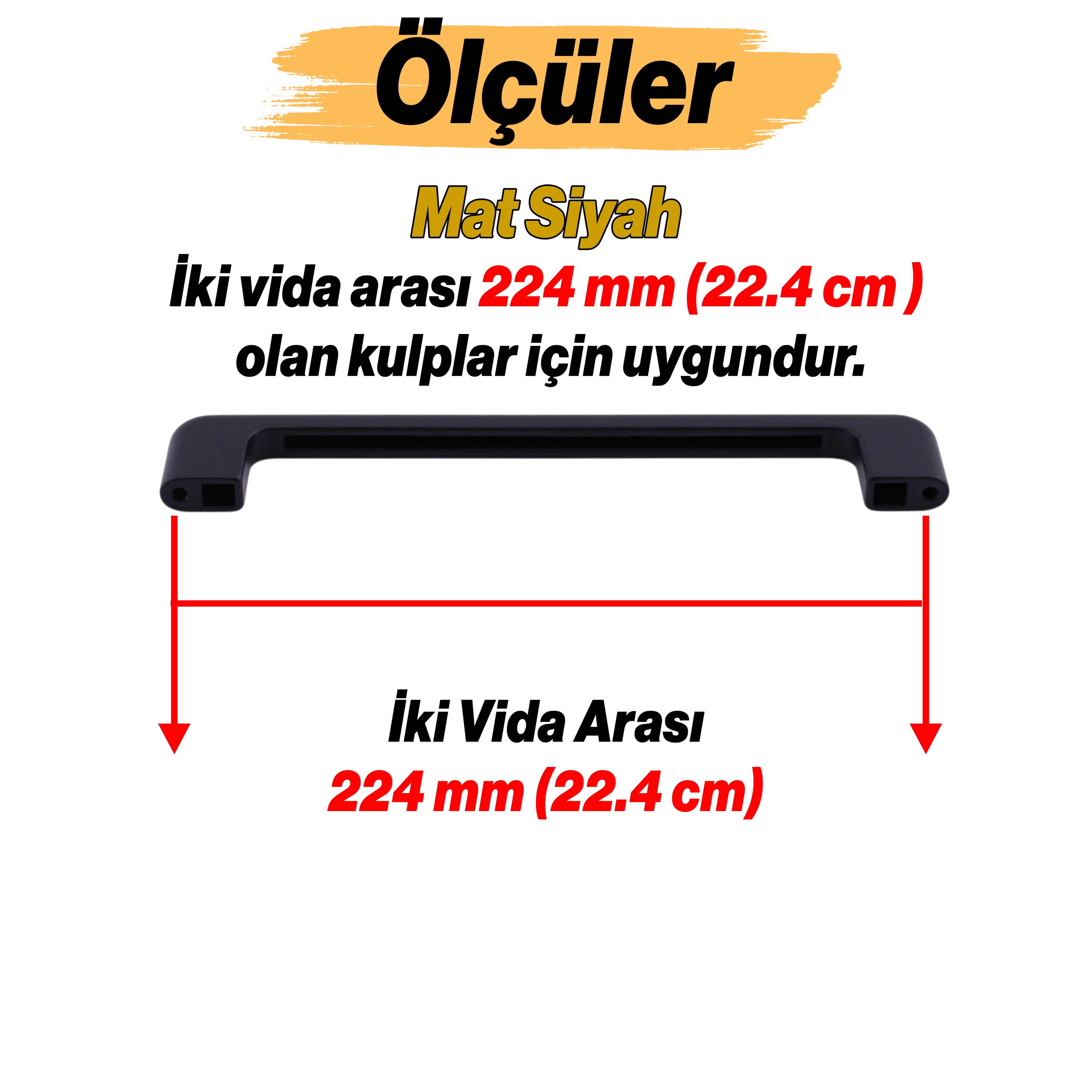 Ilıca Mat Siyah Metal Kulp 224 mm 22.4 cm Mobilya Çekmece Mutfak Dolabı Dolap Kulpları Kulbu Kulpu