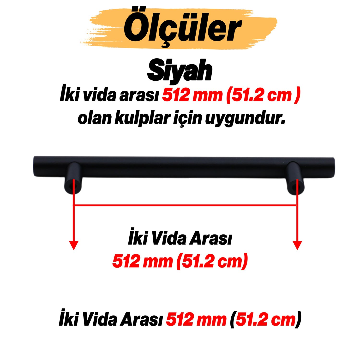 Çubuk Mat Siyah Metal Kulp 512 mm 51.2 cm Mobilya Mutfak Çekmece Dolap Dolabı Kulpu Kulbu Kulplar