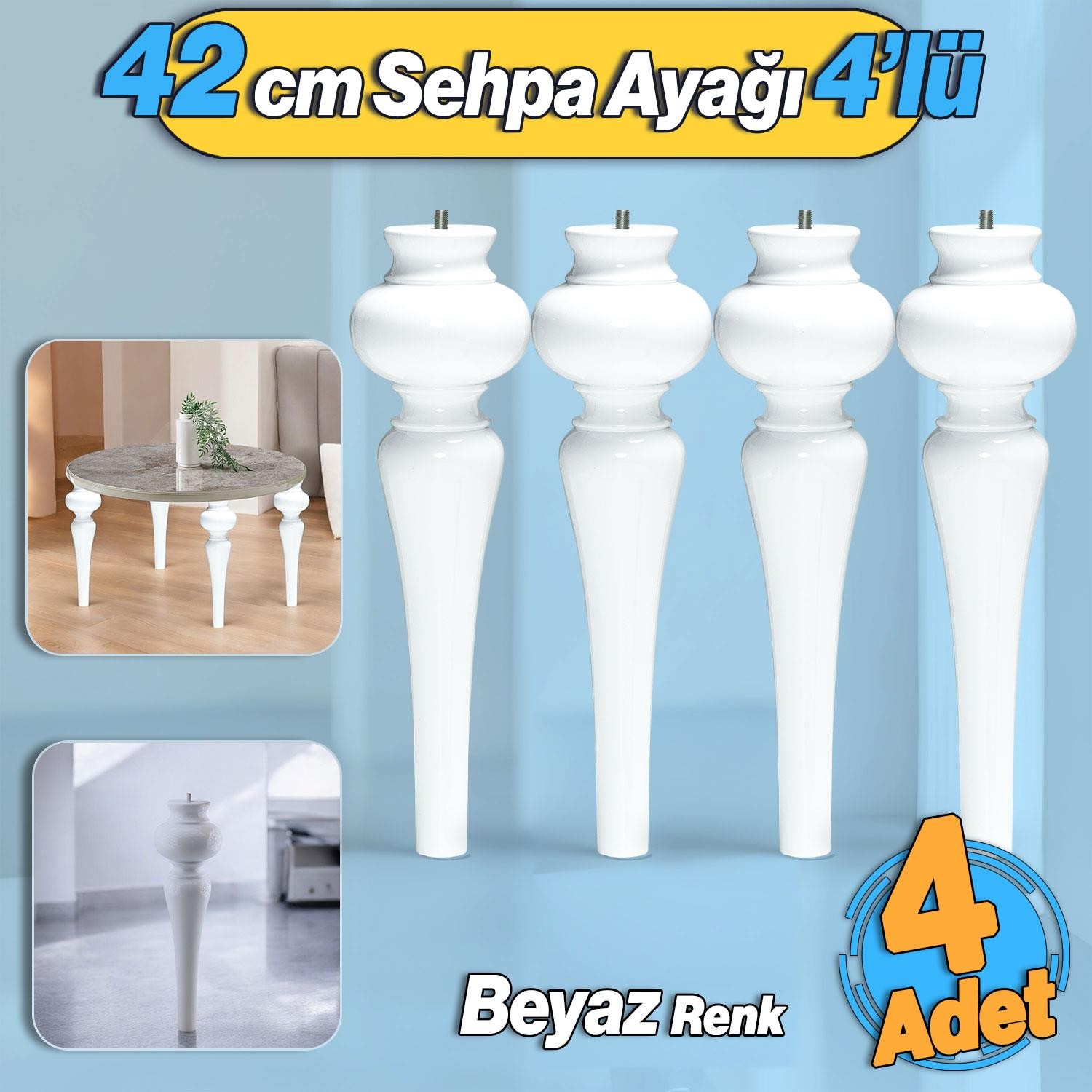 Damla Plastik 4 Adet Sehpa Ayağı 42 cm Beyaz Orta Sehpası Ayak Zigon Sehpa Mobilya Masa Ayakları