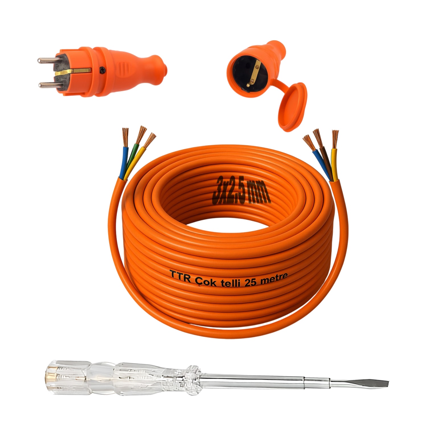 Seyyar 25 Metre Uzatma Kablosu TTR CCA Telli 3x2.5 mm Elektrik Kablo Kontrol Kalem Dişi Erkek Fiş