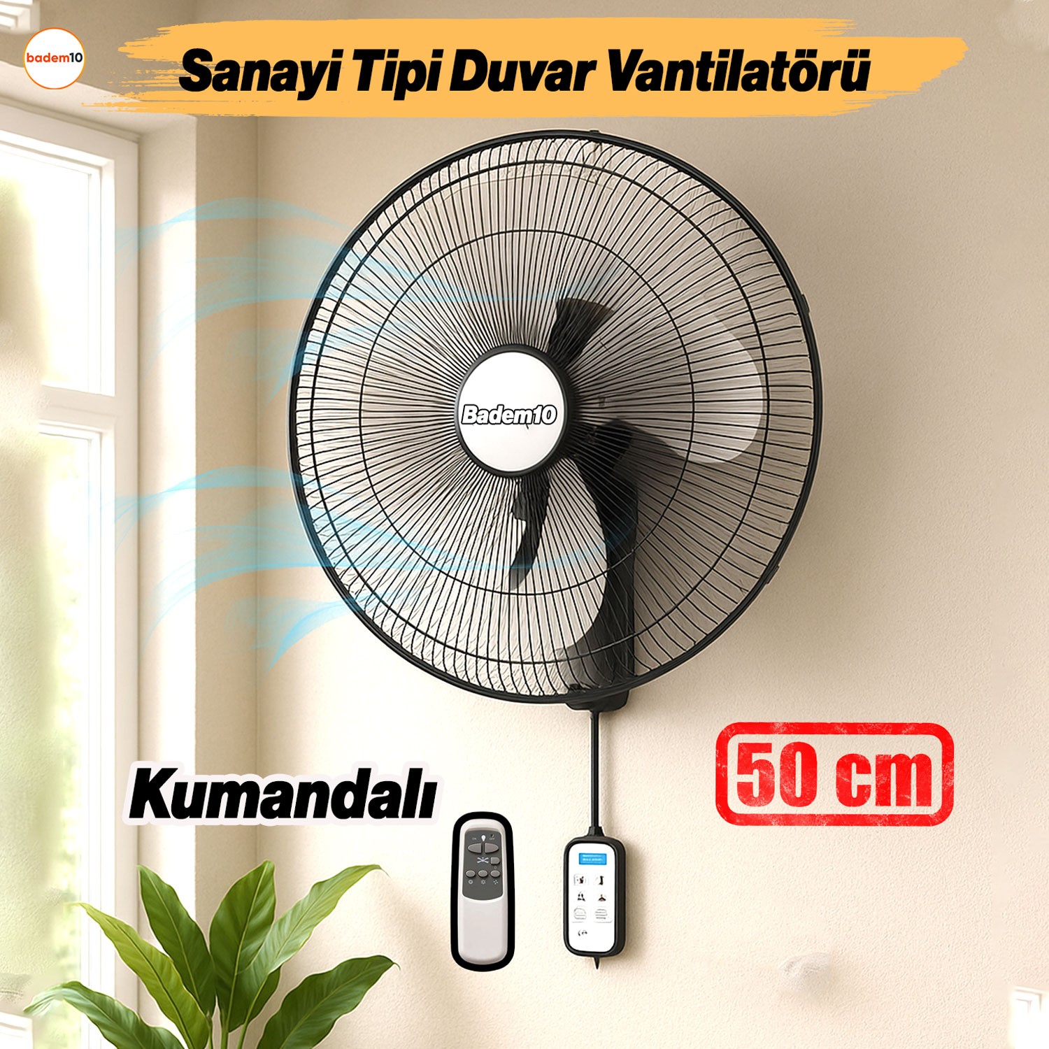 Sanayi Tipi Kumandalı 50 cm 130 W Duvar Vantilatörü Endüstriyel Sessiz Duvara Monte Fan