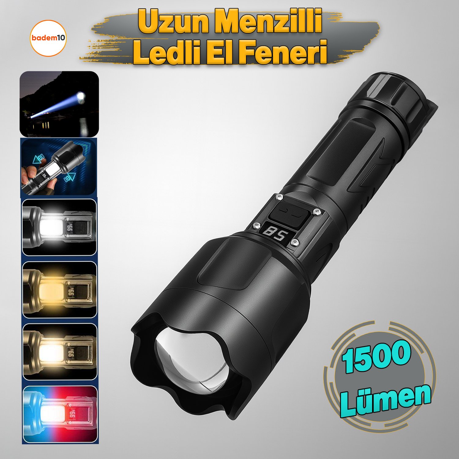 El Feneri 1500 Lümen Uzun Menzil Usb Şarjlı Powerbank Ledli Işık Kafa Lambası Su Geçirmez Kamp Led