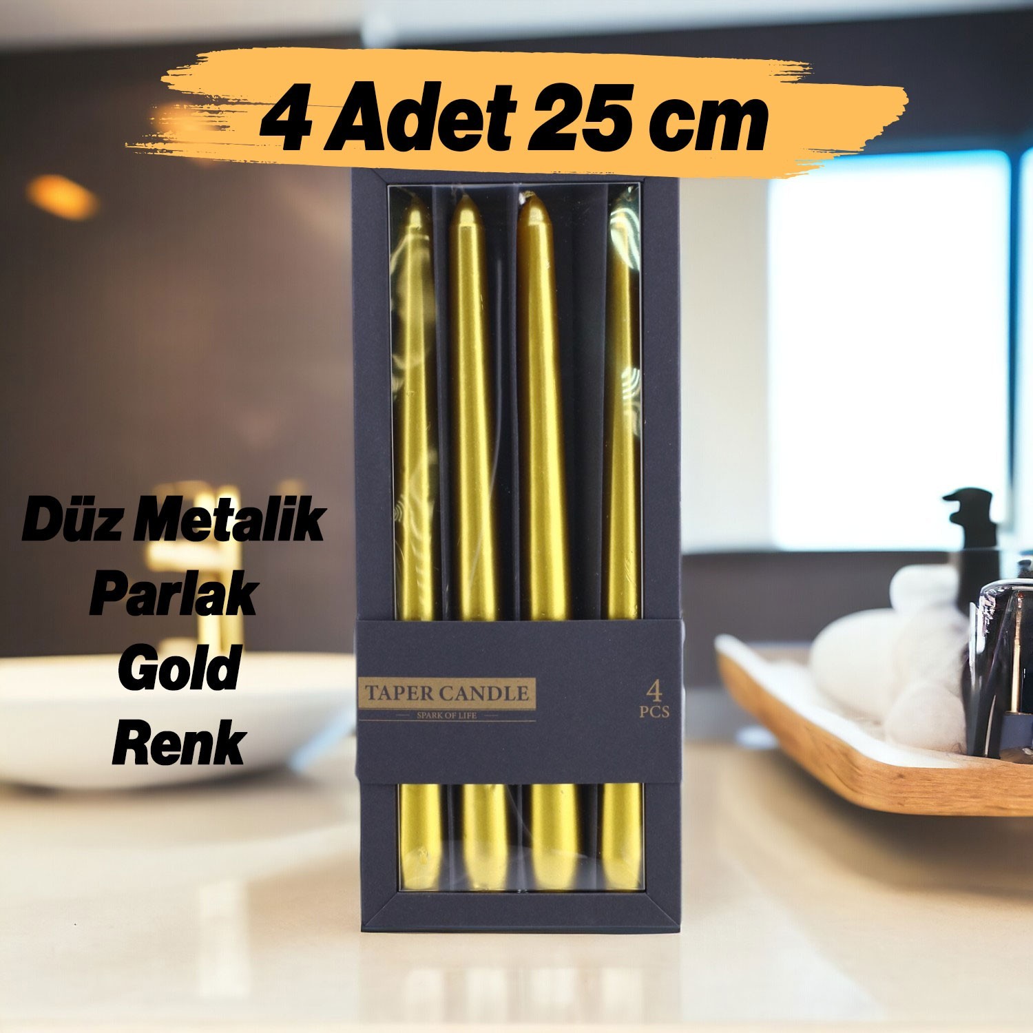 Şamdan Mum 4'lü Metalik Boya Gold Dekoratif Mumu Kandil Hediyelik Fitilli Mumluk Parlak Altın 25 cm