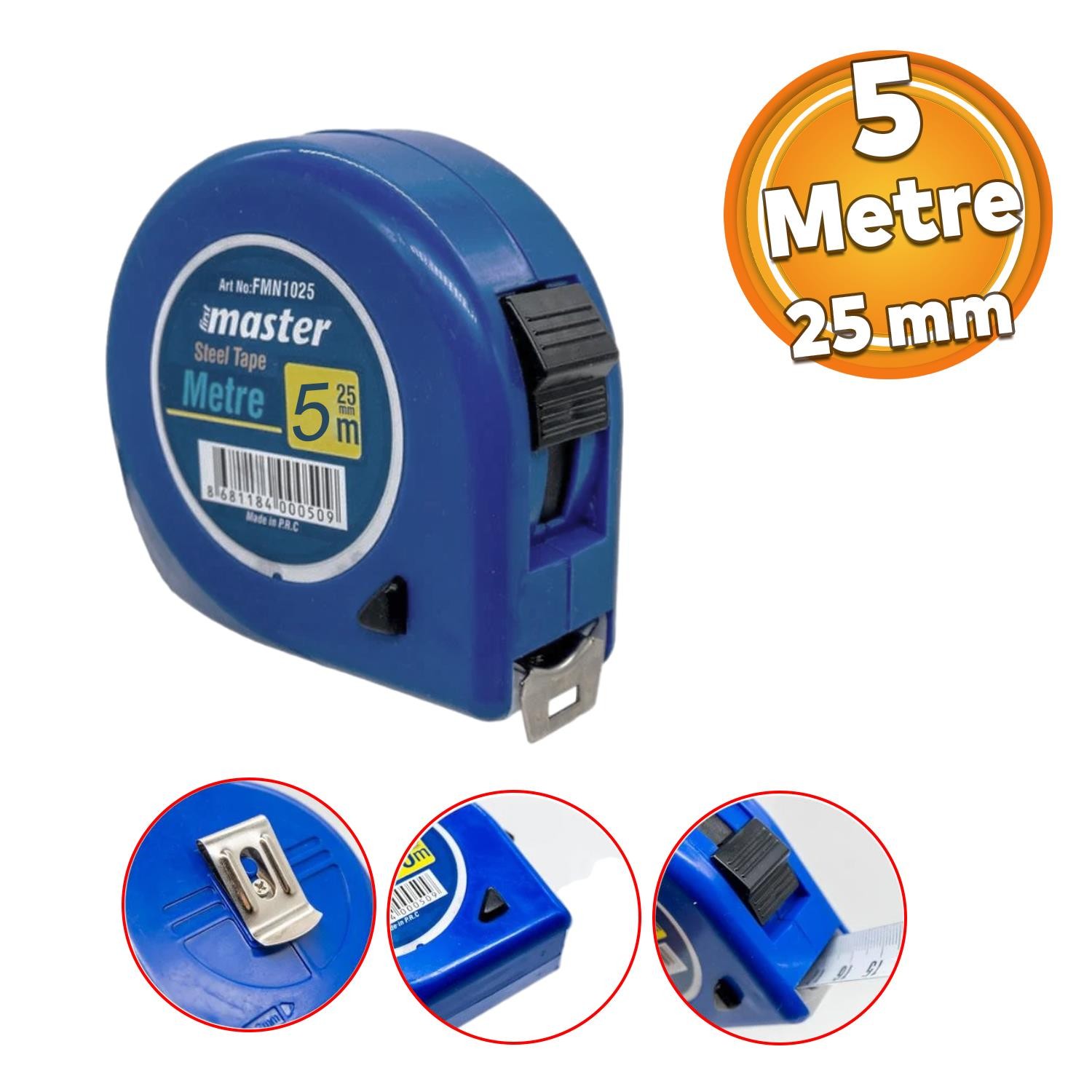 Şerit Metal Bükülebilir Metre 5 m x 25 mm Soft Mavi Renk Düğmeli Ölçüm Ölçme Plastik Kasalı