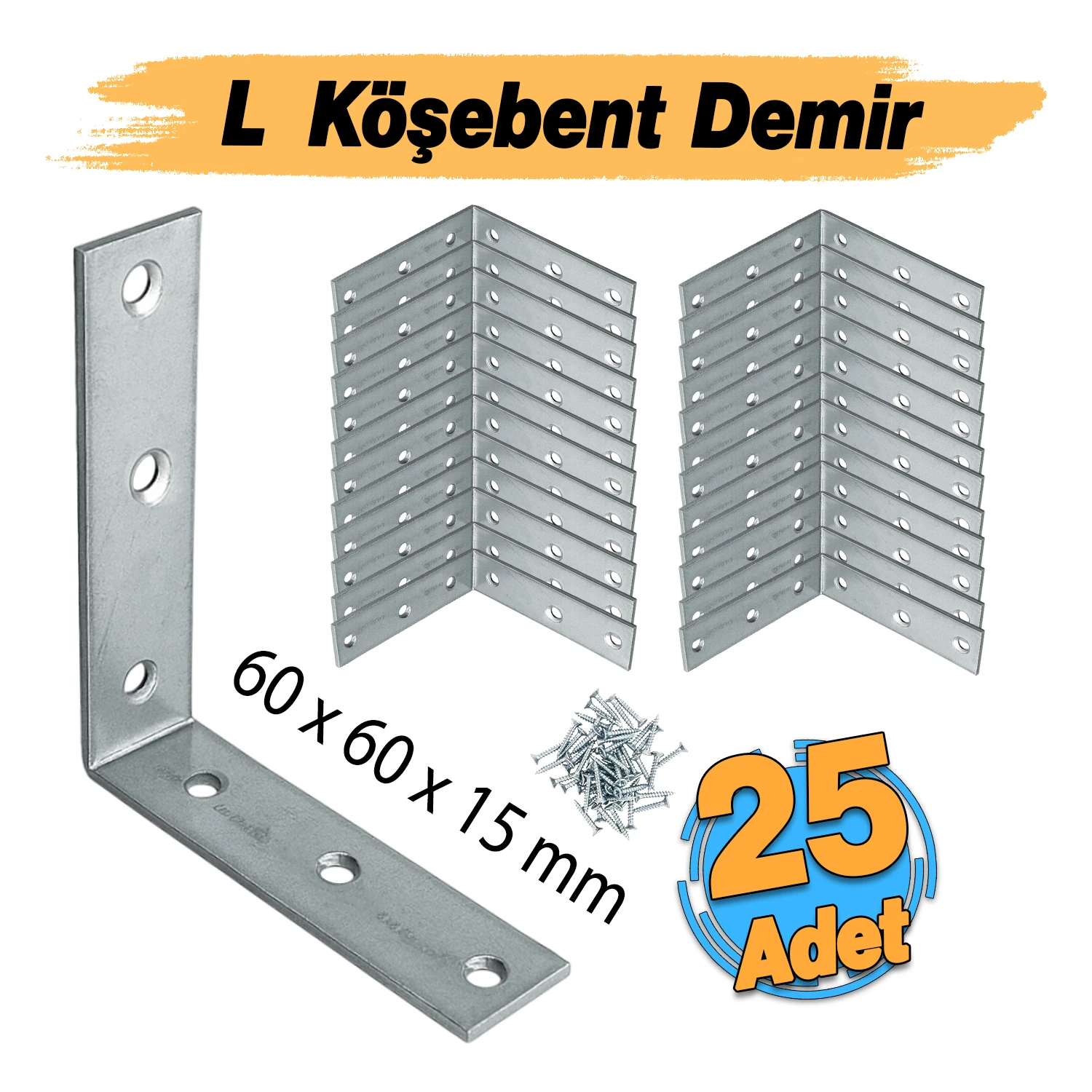 Mobilya Dolap Duvar Sabitleme 25 ADET Metal Köşebent 60x60x15 mm Bağlantı Aparatı L Demiri Gönye