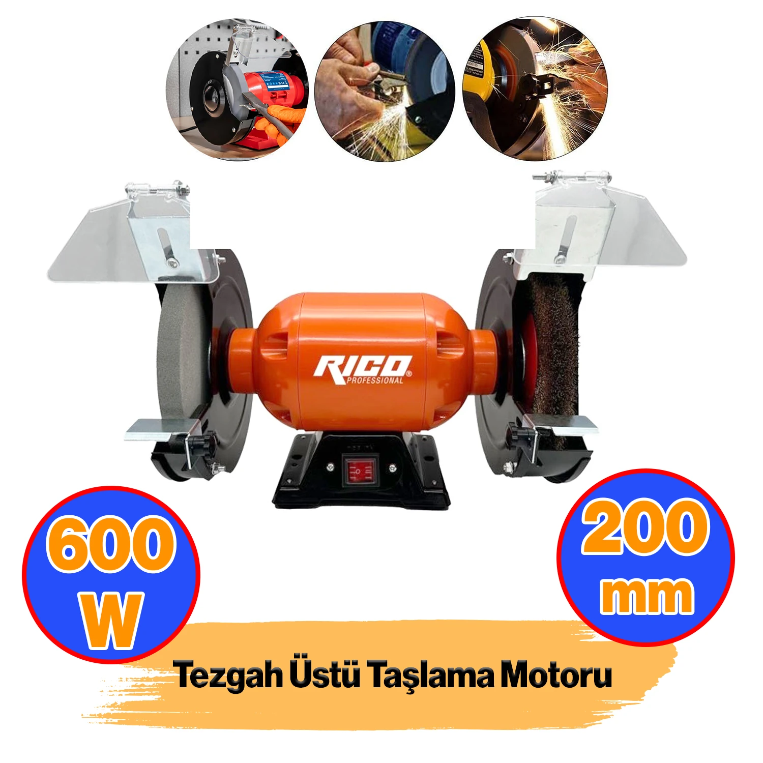 Elektrikli Bıçak Kesici Bileme Taş Motoru 200 mm Zımpara 600 W Rico Taşlama Metal Tezgah Üstü Çark