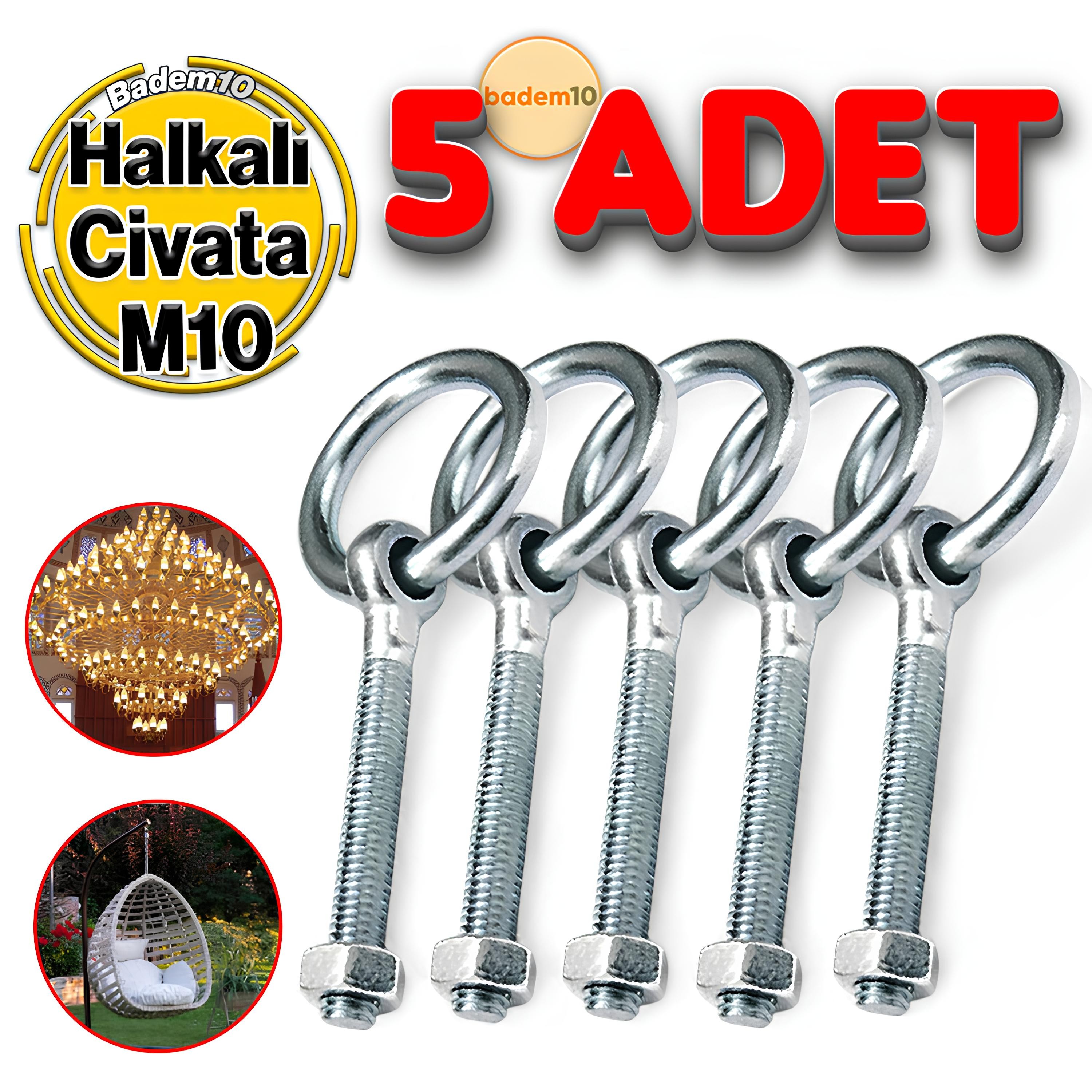 Delikli Halkalı Metal Paslanmaz Civata M10 Somunlu Sabitleme Çekme Kaldırma Tavan Kancası Asma Kit