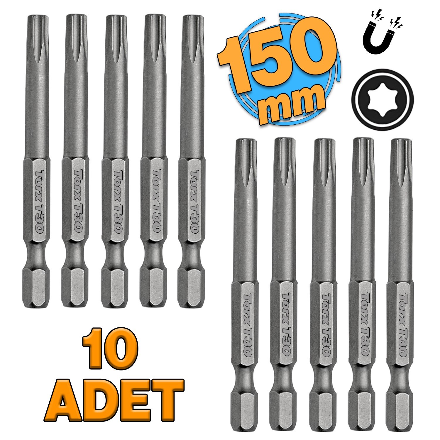 Mıknatıslı Torx T30 Bits Uç 150 mm 10'lu Set Kutulu Manyetik 1/4" Matkap Ucu Tork 15 cm Uzunluk