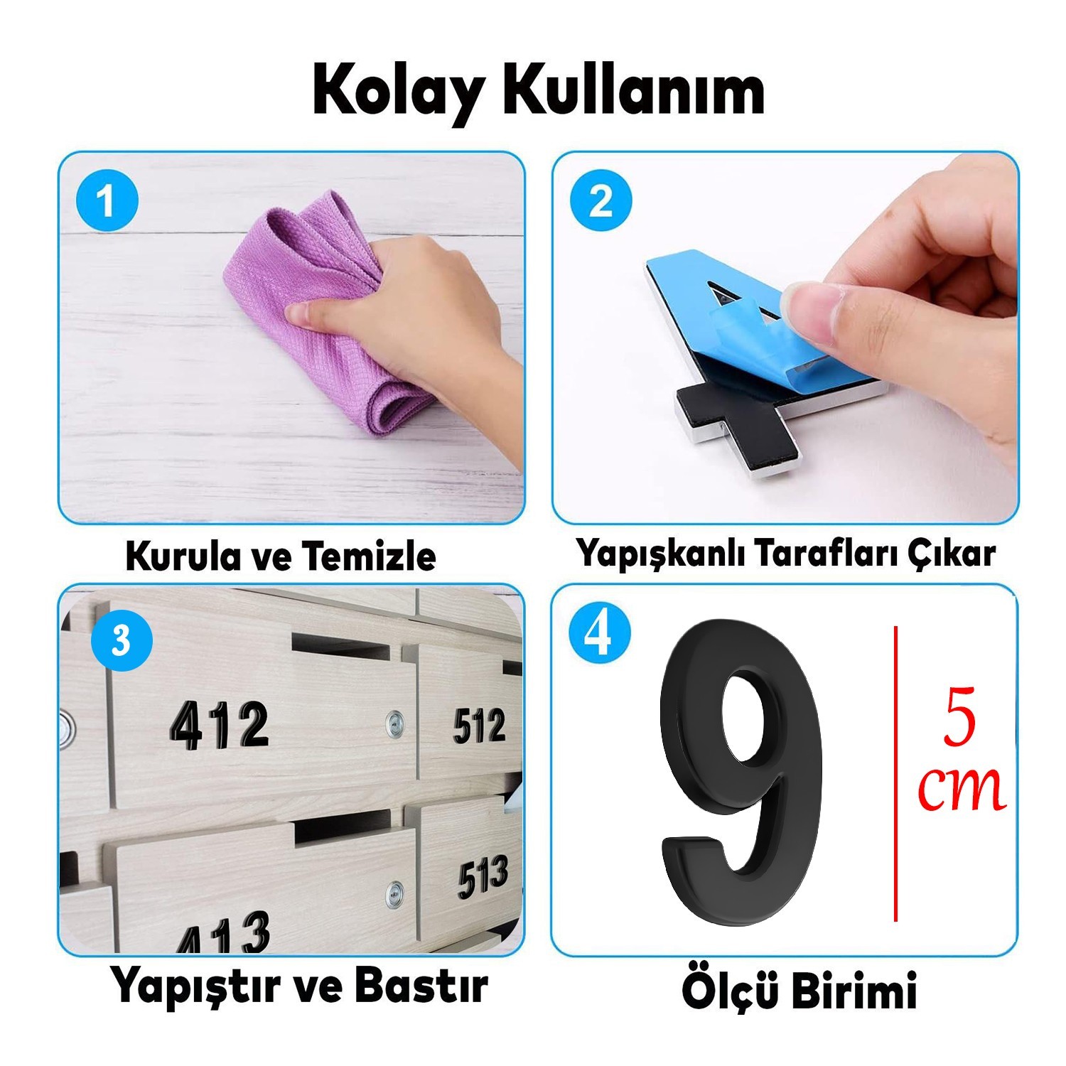 Yapışkanlı Kapı Numarası Küçük Boy 50 mm 5 cm Numara 9 Rakam Dokuz Sayı Siyah Renk Numaralar 1 Adet