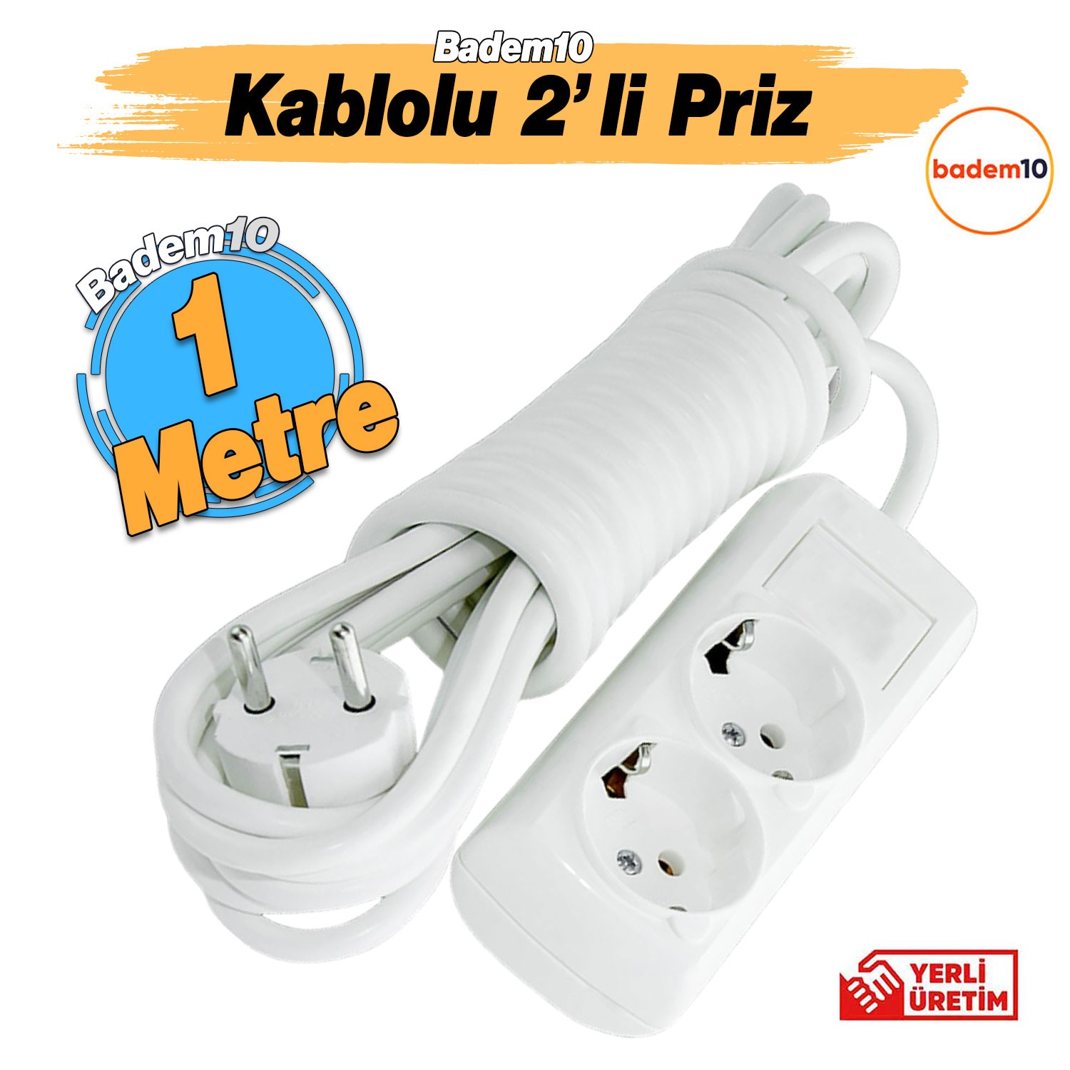 Kablolu 2'li Topraklı Grup Priz Fiş Çoğaltıcı 1 Metre Çoklu Asmalı Uzatma Kablosu Anahtarsız