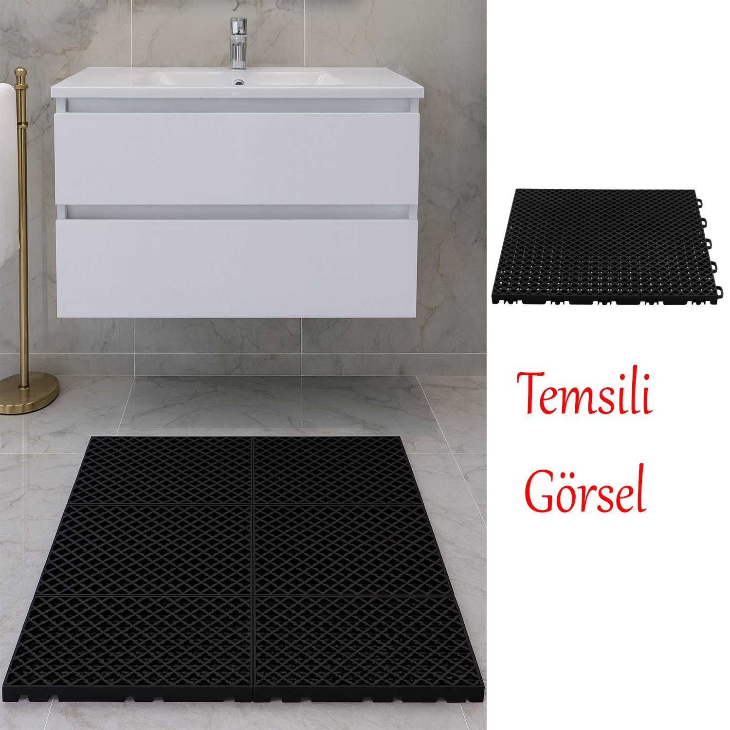 Plastik Karo Banyo Wc Lavabo Tuvalet Zemin Izgarası 30x30 cm Siyah Renk 6 Adet Kaydırmaz Izgara