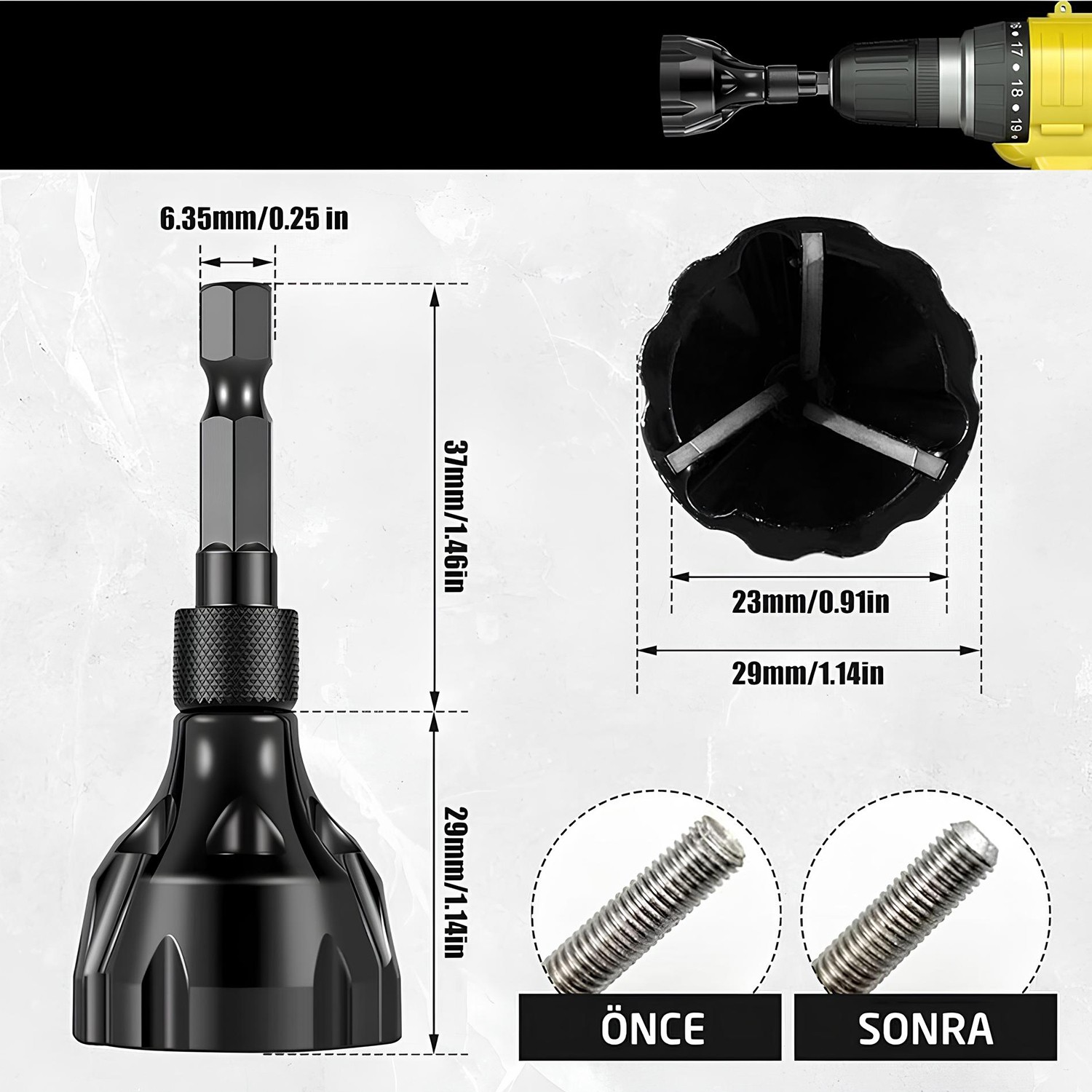 Çapak Alma Raspa Raspası Aparatı 3-20 mm Saplı Pah Giderici 1/4 Bits Uçlu Matkap Uyumlu  1 Adet