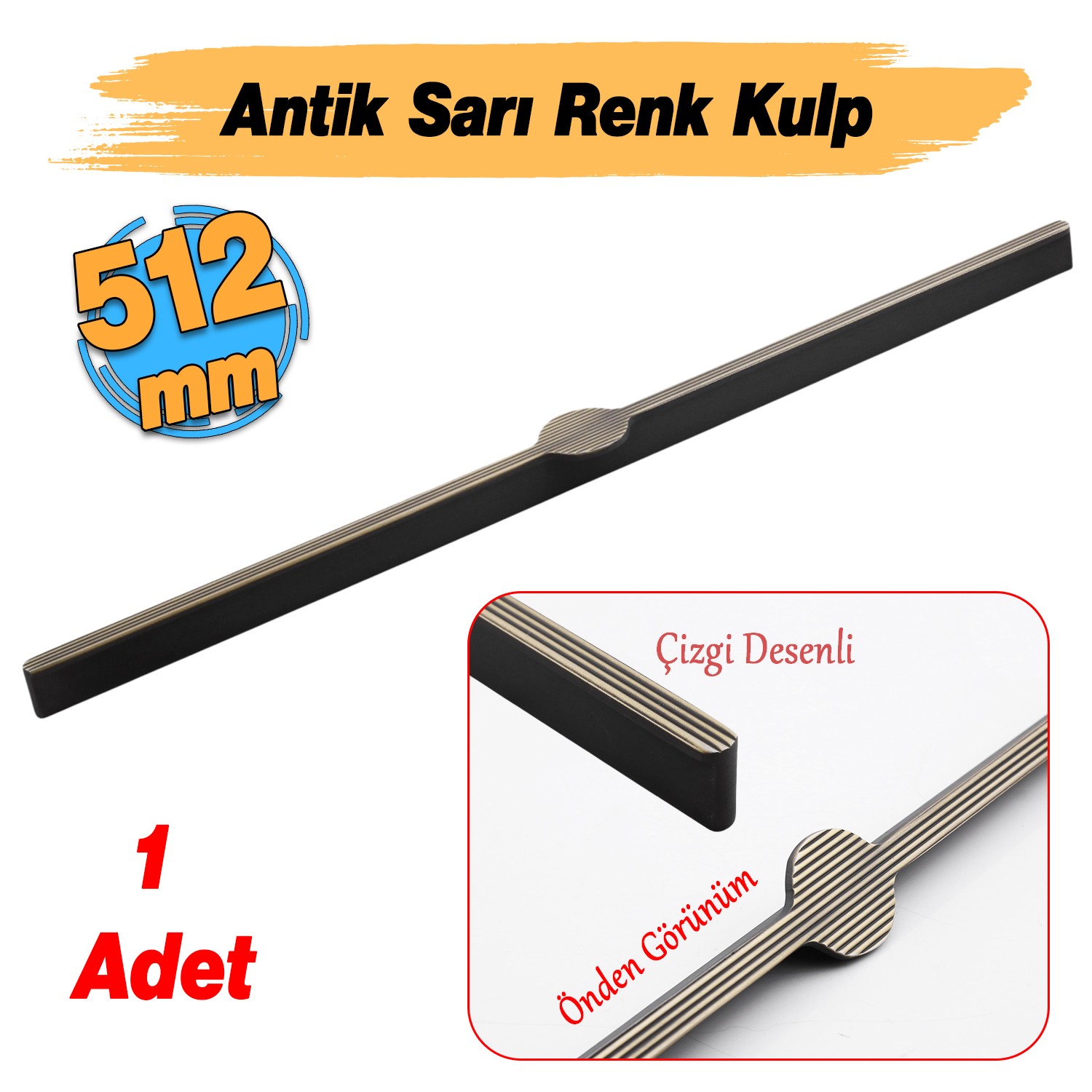 Saral Çizgili Antik Sarı Metal Kulp 512 mm 51.2 cm Mobilya Çekmece Mutfak Dolabı Dolap Kapak Kulplar