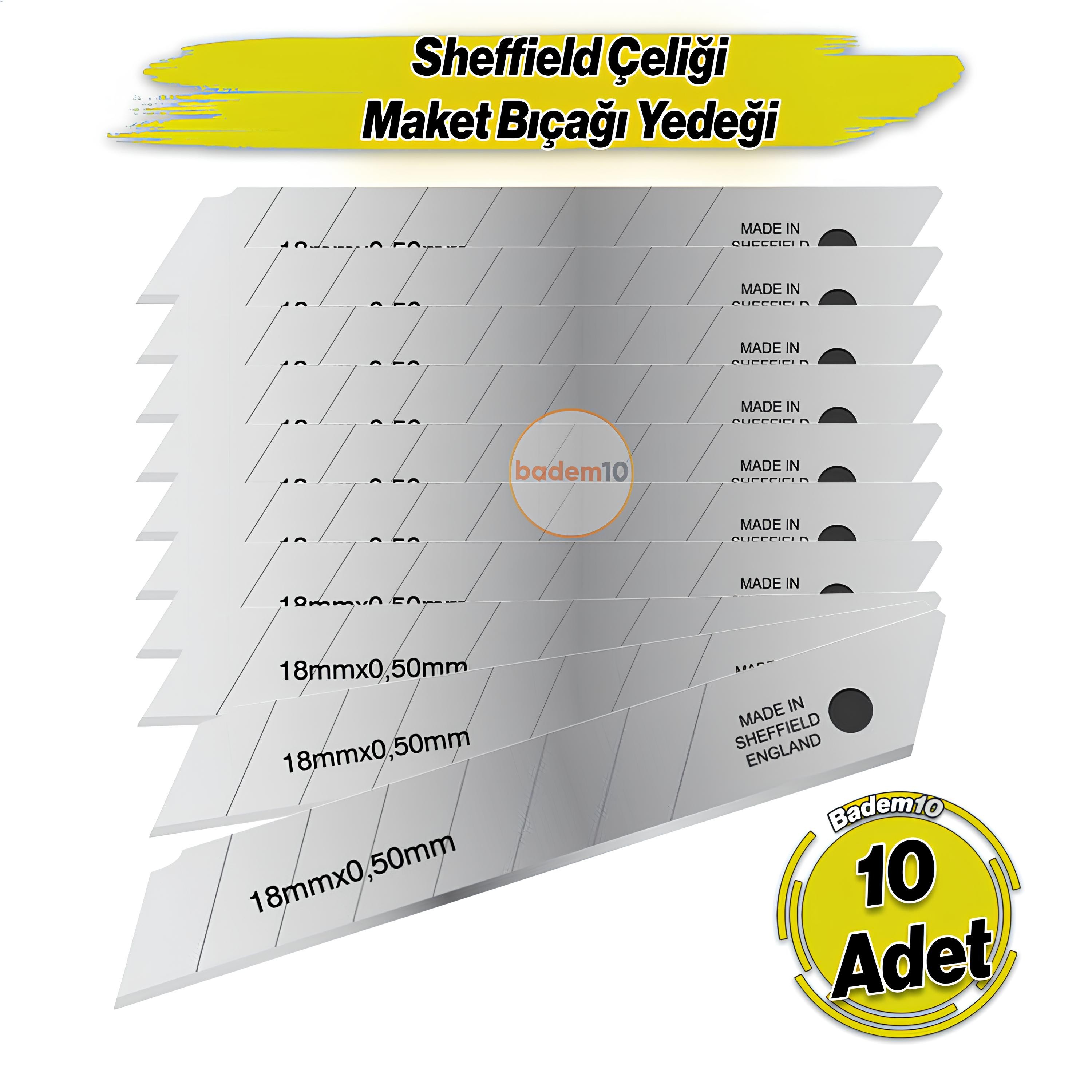İthal 10 Adet 8 Dilim Maket Bıçağı Yedeği Ucu 0.50 mm Kalınlık x 18 mm Genişlik Bıçak Ucu Jilet