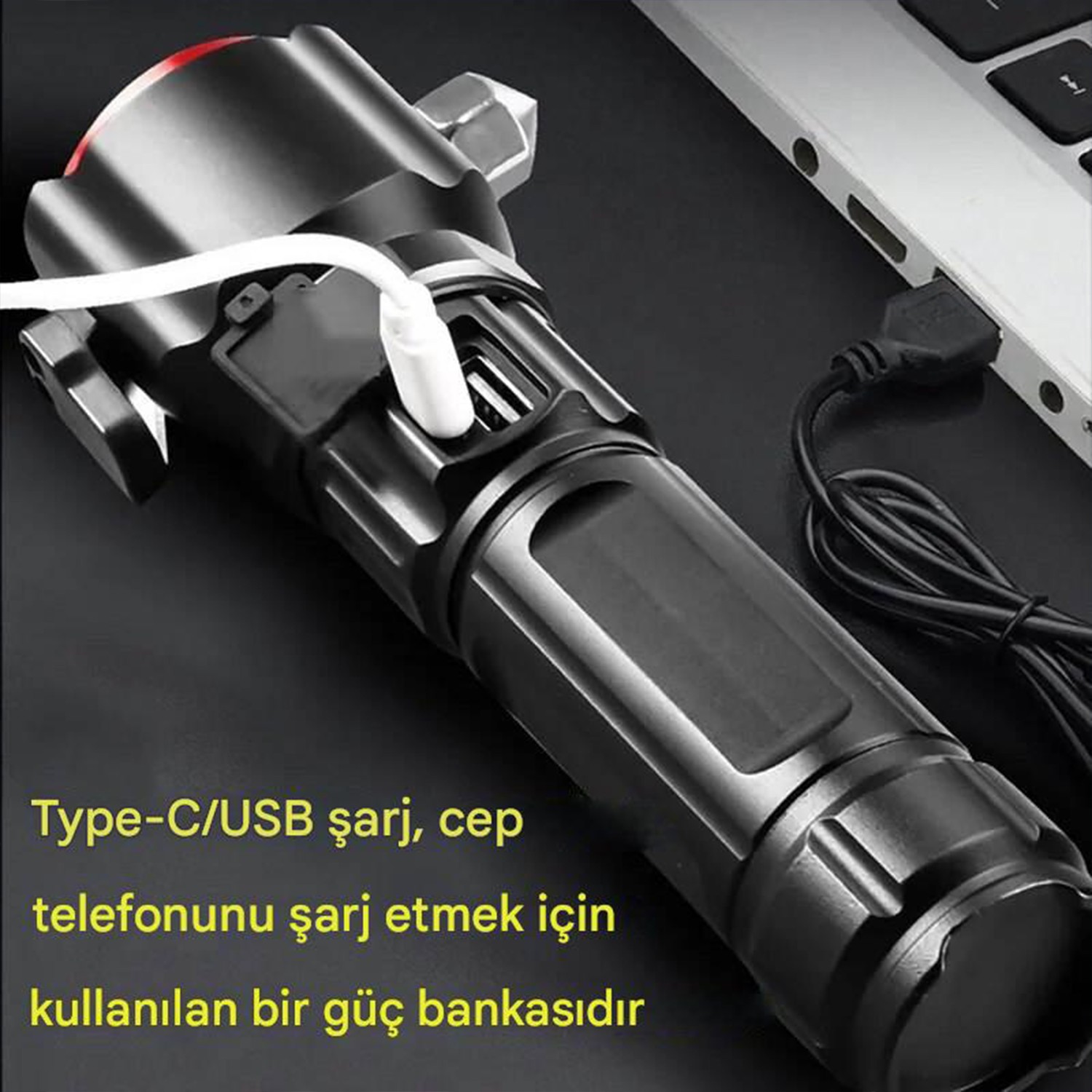 Şarjlı El Feneri | Yüksek Güçlü LED Işık | USB ile Şarj Edilebilir | Su Geçirmez Metal Gövde | Zoom Özellikli