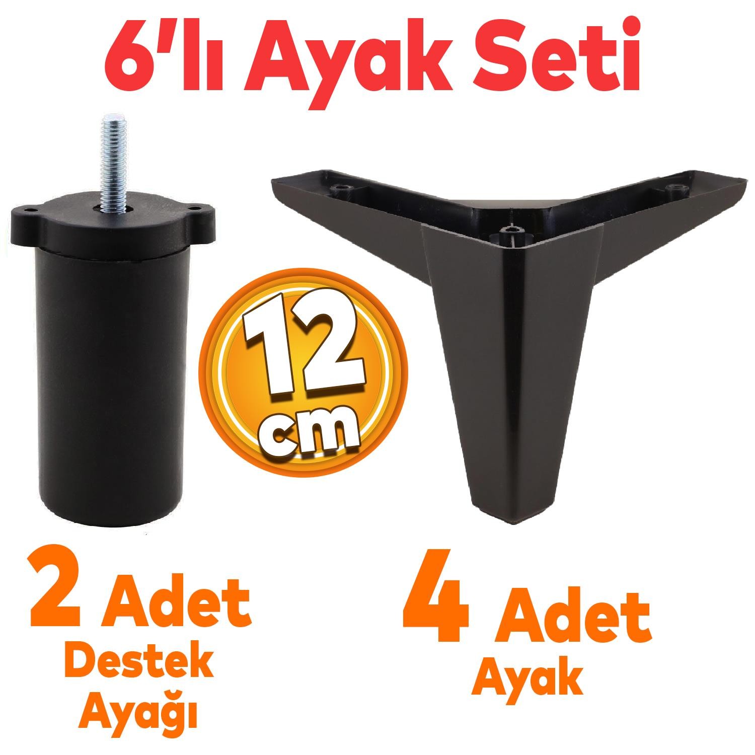 Sedir 6'lı Set Mobilya TV Ünitesi Çekyat Koltuk Kanepe Destek Ayağı 12 cm Siyah Kanat 17 Baza Ayak