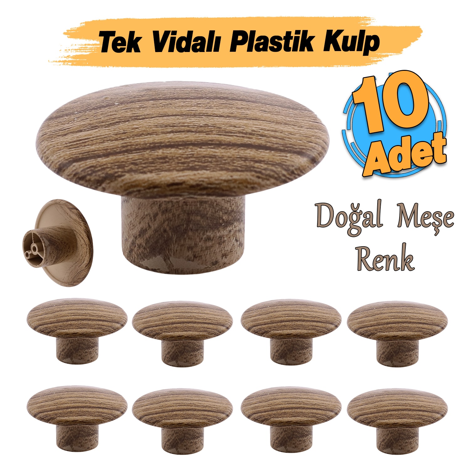 Tek Vidalı (10 Adet) Bolina Dış Bükey Plastik Düğme Kulp Kubik Doğal Meşe Dolap Çekmece Kulpu Kulbu
