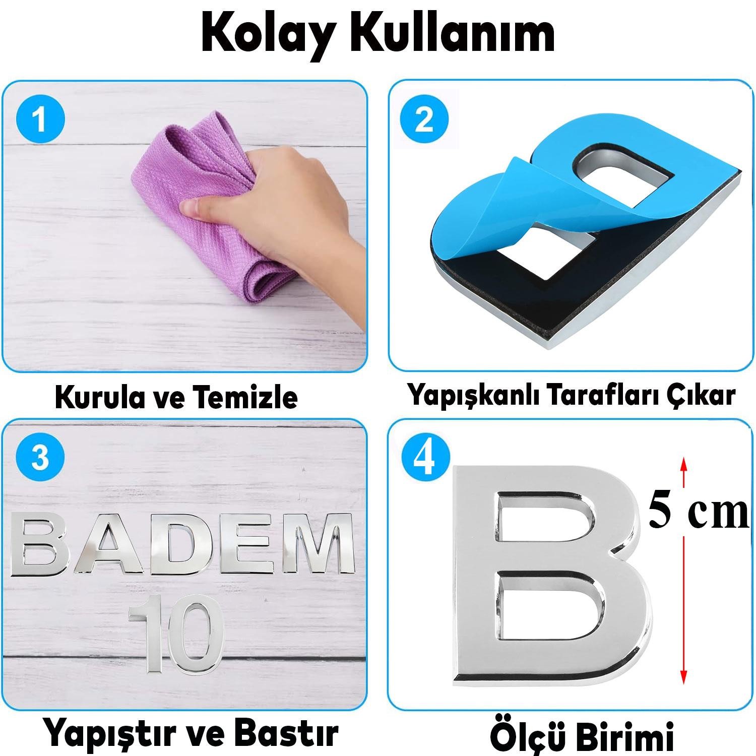 Harf Yapışkanlı B Harfi 5 cm Kapı Oda Posta Kutusu Oto Araç Harfi Yazısı Parlak Krom Gümüş 