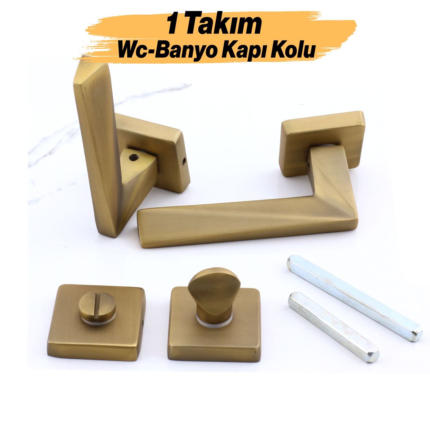 Vista Antik Sarı Wc Banyo Uyumlu Kapı Kolu Kare Rozetli Kapı Kulpu Sağa Sola Uygun Kapı Kolları