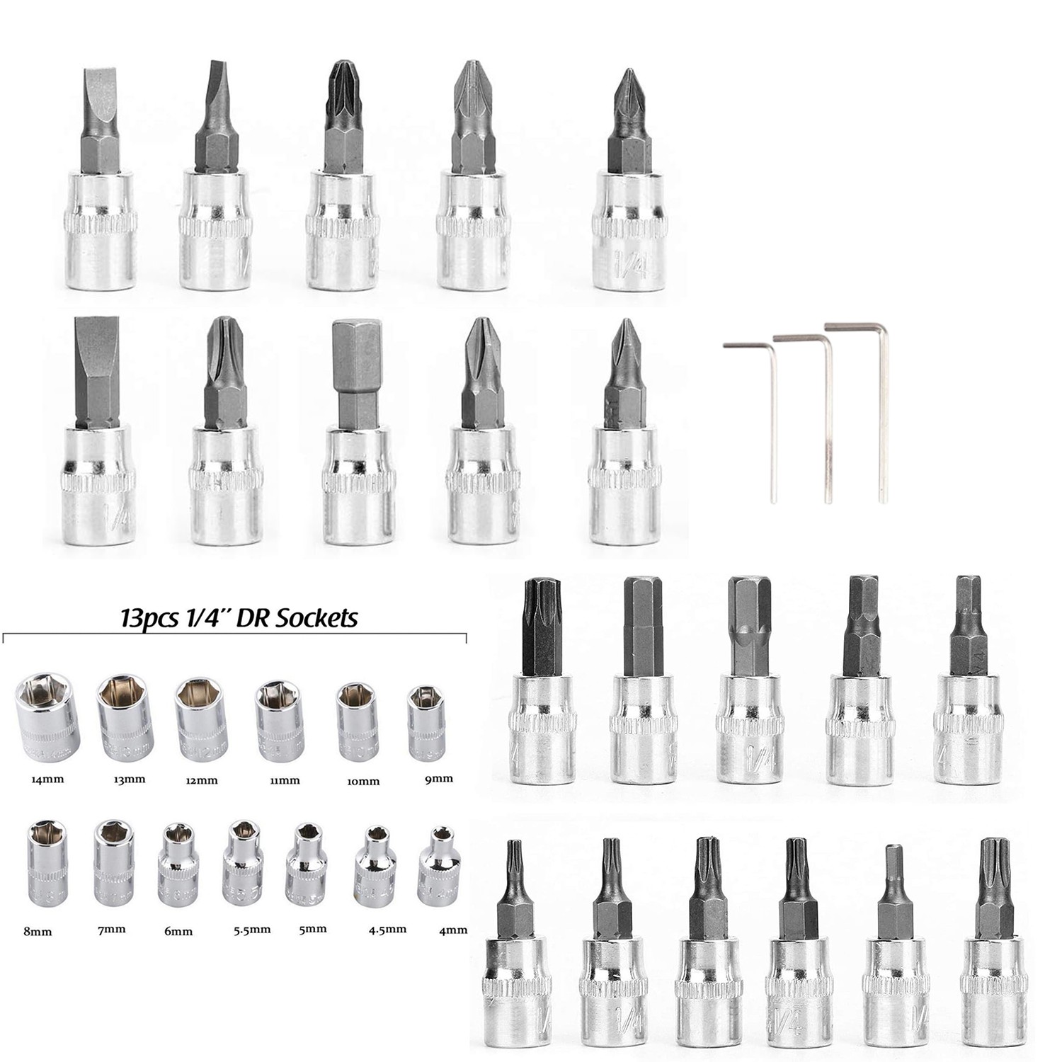 Lokma Anahtar Takımı 53 Parça Uzatma Kolu Mafsallı 1/4 Yıldız Hex Tork Düz Set Bits Uç Allen