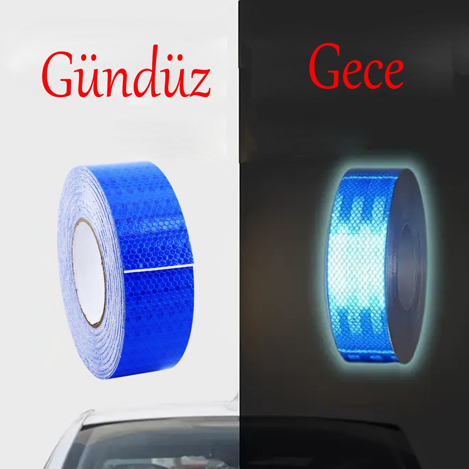 Yapışkanlı 5 Metre Mavi Renk Şerit Bant Parlayan Reflektörlü En 5 cm Onaysız Reflektif İkaz Bandı