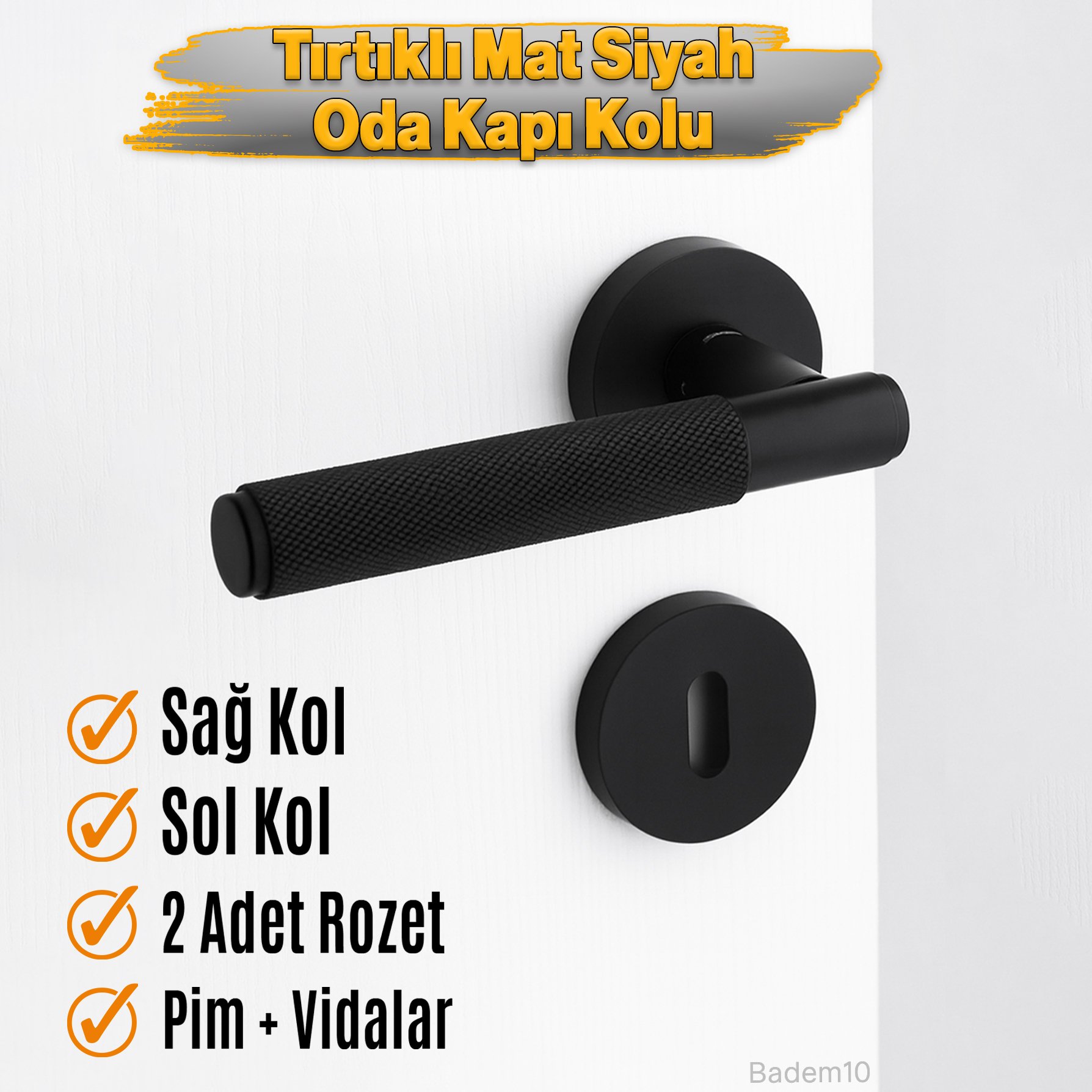 Mat Siyah Tırtıllı Wc Banyo Tipi Kapı Kolu Rozetli Sağ Sol Uygun Modern İç Kapı Kilitli 1 Takım