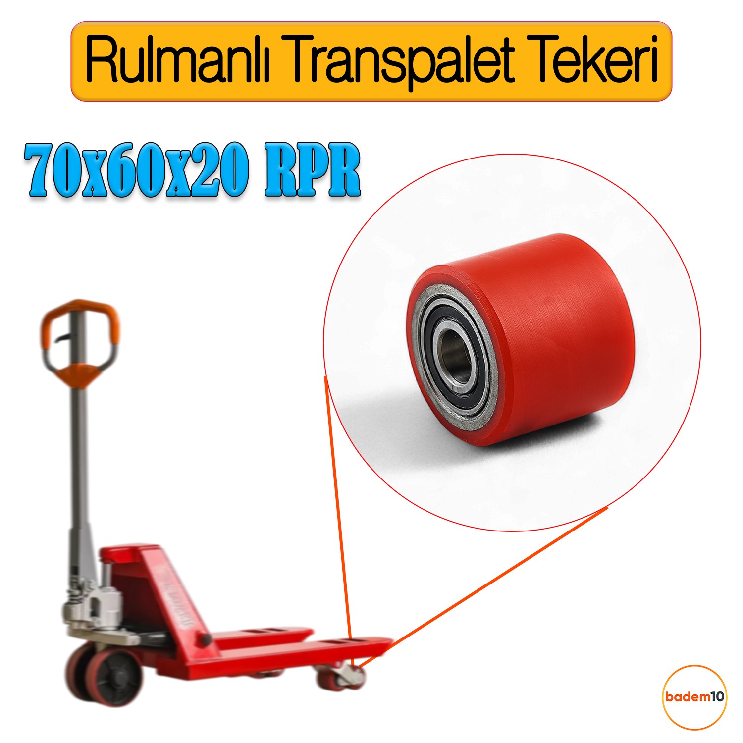 70x60x20 mm Transpalet Tekeri RPR Rulmanlı Bilyalı Kırmızı Tekerlek Palet Taşıma Arabası Tekeri
