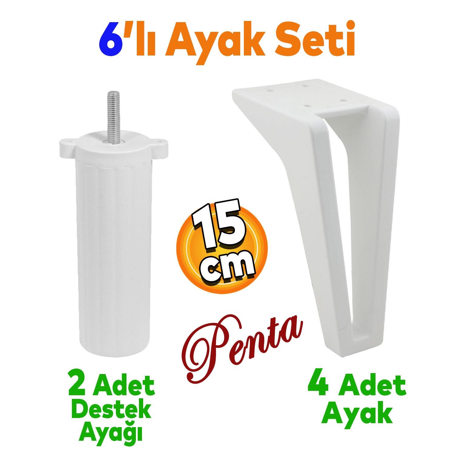 Penta 6'lı Set Mobilya TV Ünitesi Çekyat Koltuk Kanepe Destek Ayağı 15 cm Beyaz Ayak M8 Civatalı