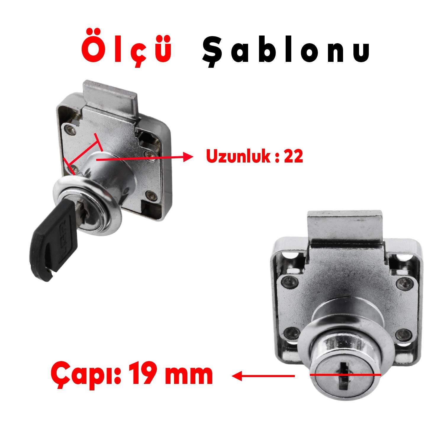 Kare Mobilya Çekmece Dolap Kilidi Nikel Krom 2 Anahtarlı Kilit 4x4 cm 22 mm