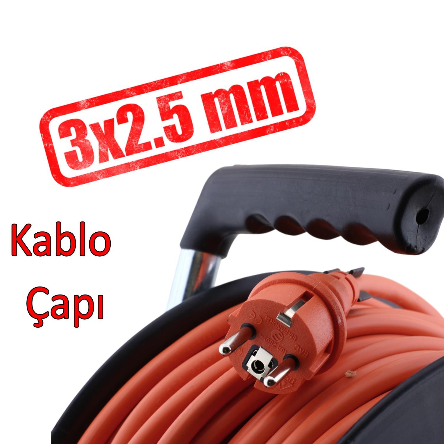 Bylion Plastik Makaralı Seyyar CCA Kablo 4 Prizli Monofaze Uzatma Kablosu 3x2.5 mm TTR Kablo 50 Metre