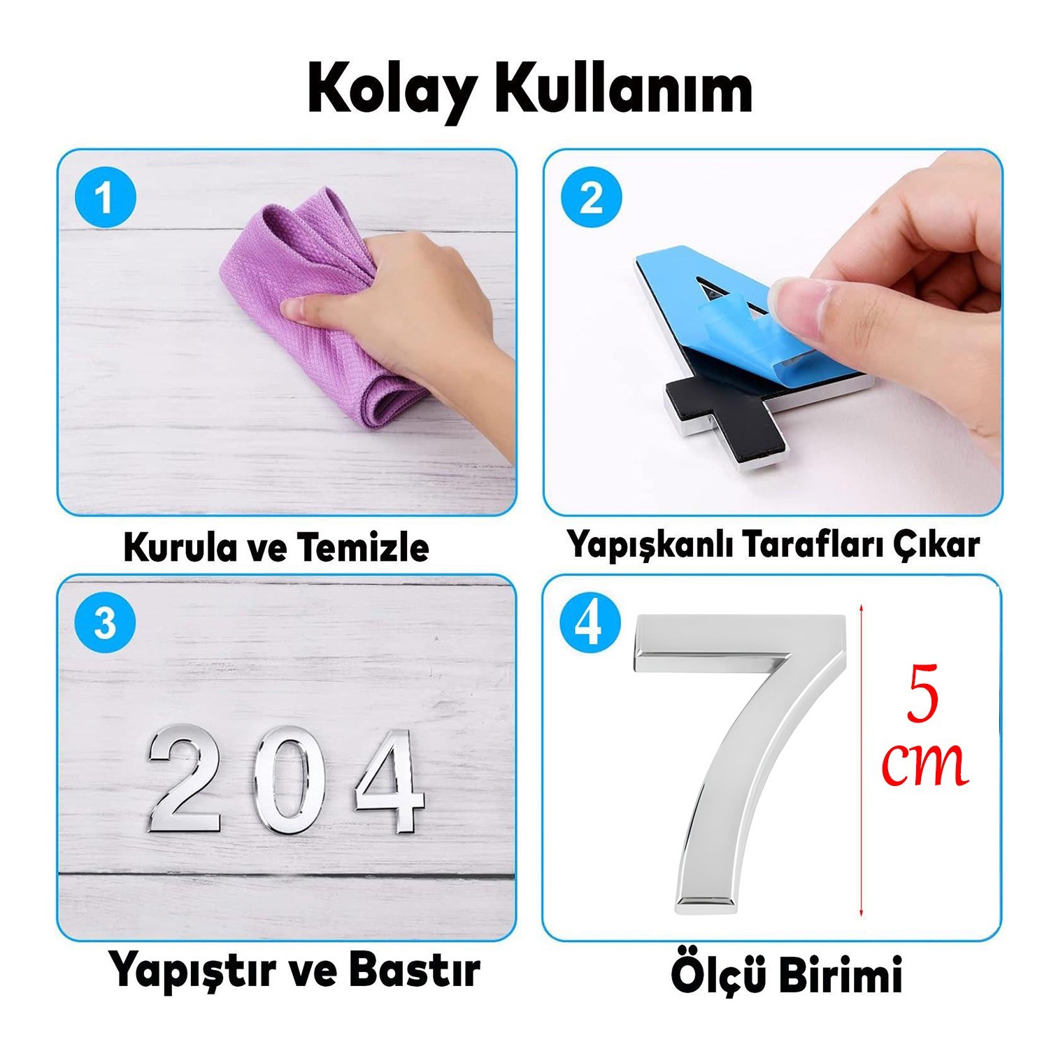 Yapışkanlı Kapı Numarası Küçük Boy 50 mm 5 cm Numara 7 Rakam Yedi Sayısı Krom Renk Numaralar 1 Adet