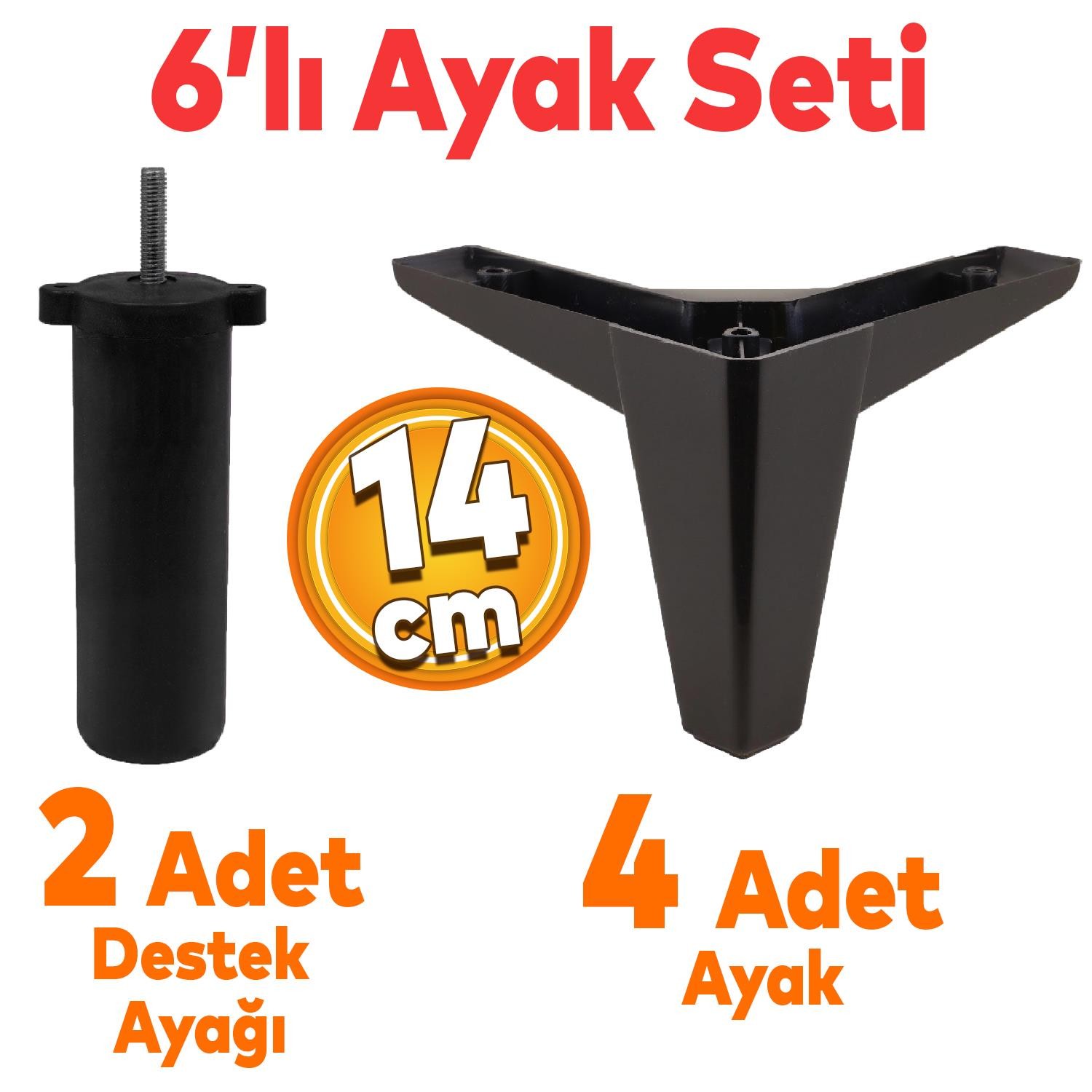 Sedir 6'lı Set Mobilya TV Ünitesi Çekyat Koltuk Kanepe Destek Ayağı 14 cm Siyah Kanat 17 Baza Ayak