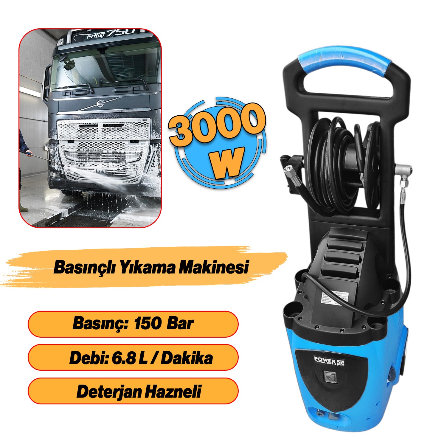 Powerwash Elektrikli Basınçlı Yıkama Makinası Araç Araba Oto Yıkama Tabancalı 150 Bar 150 PB