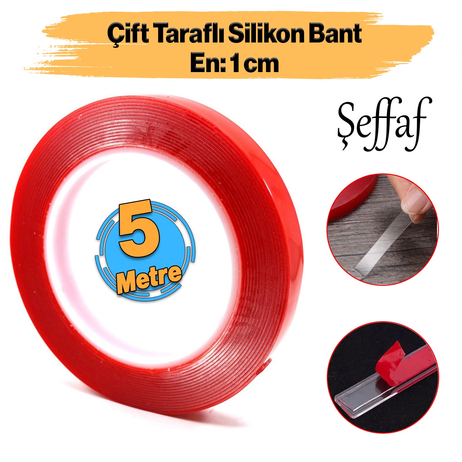 Çift Taraflı Silikon Bant Montaj Bandı Şeffaf 10 mm x 5 Metre Güçlü Çok Amaçlı Yapıştırıcı 1 Adet