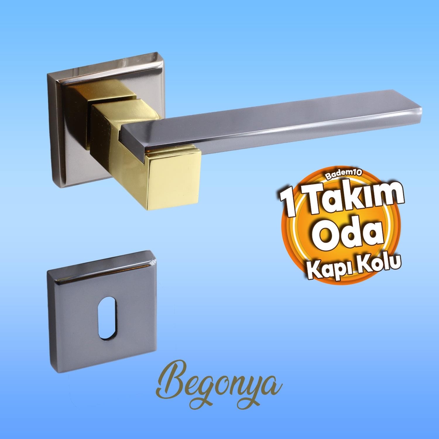 Begonya Lüx Füme Gold Kare Rozetli Oda Uyumlu Kapı Kolu Sağa ve Sola Uygun Kapı Kolları 1 Takım