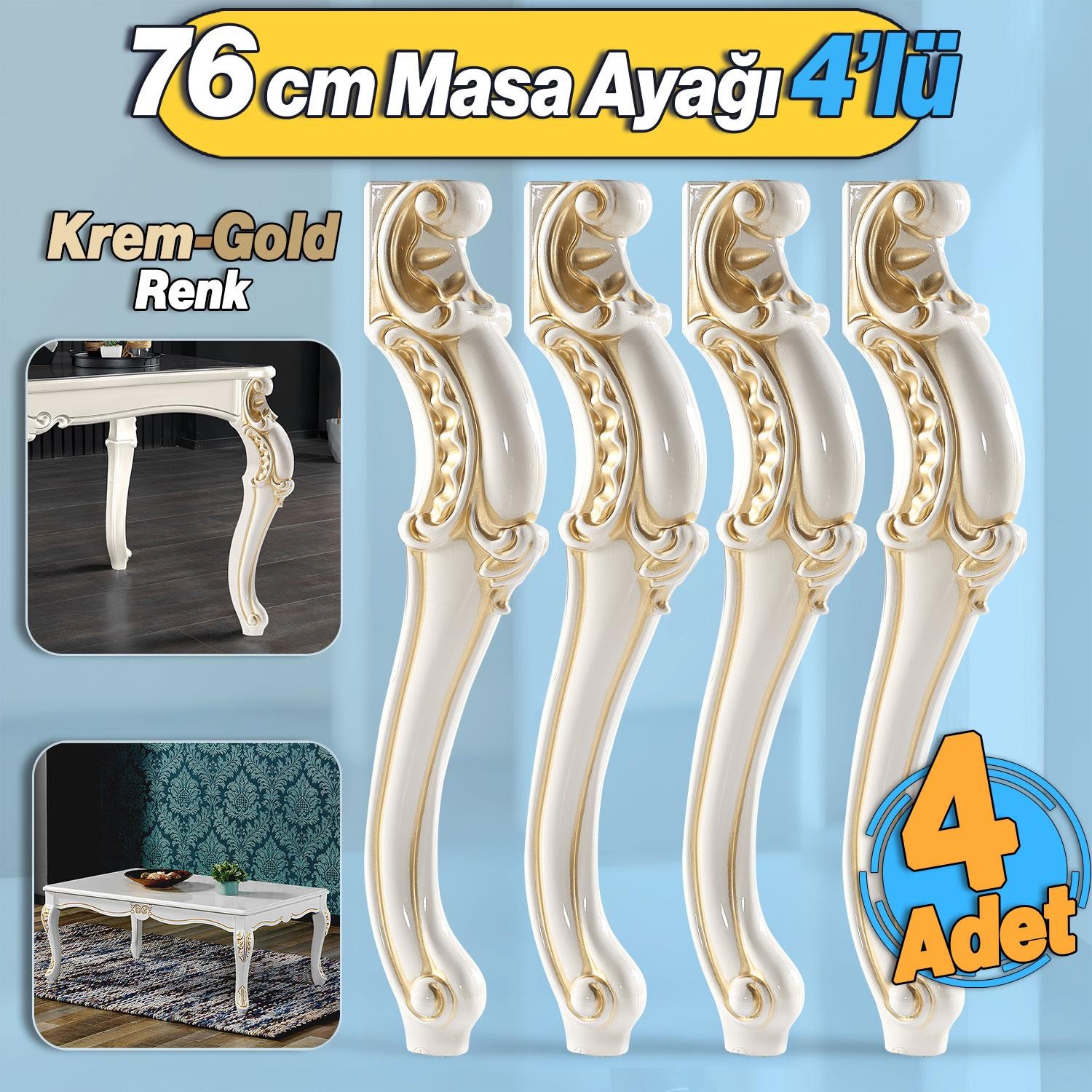 4 Adet Valenta Masa Dresuar Ayağı 76 cm Krem Gold Ayak Mutfak Yemek Masası Mobilya Ayakları