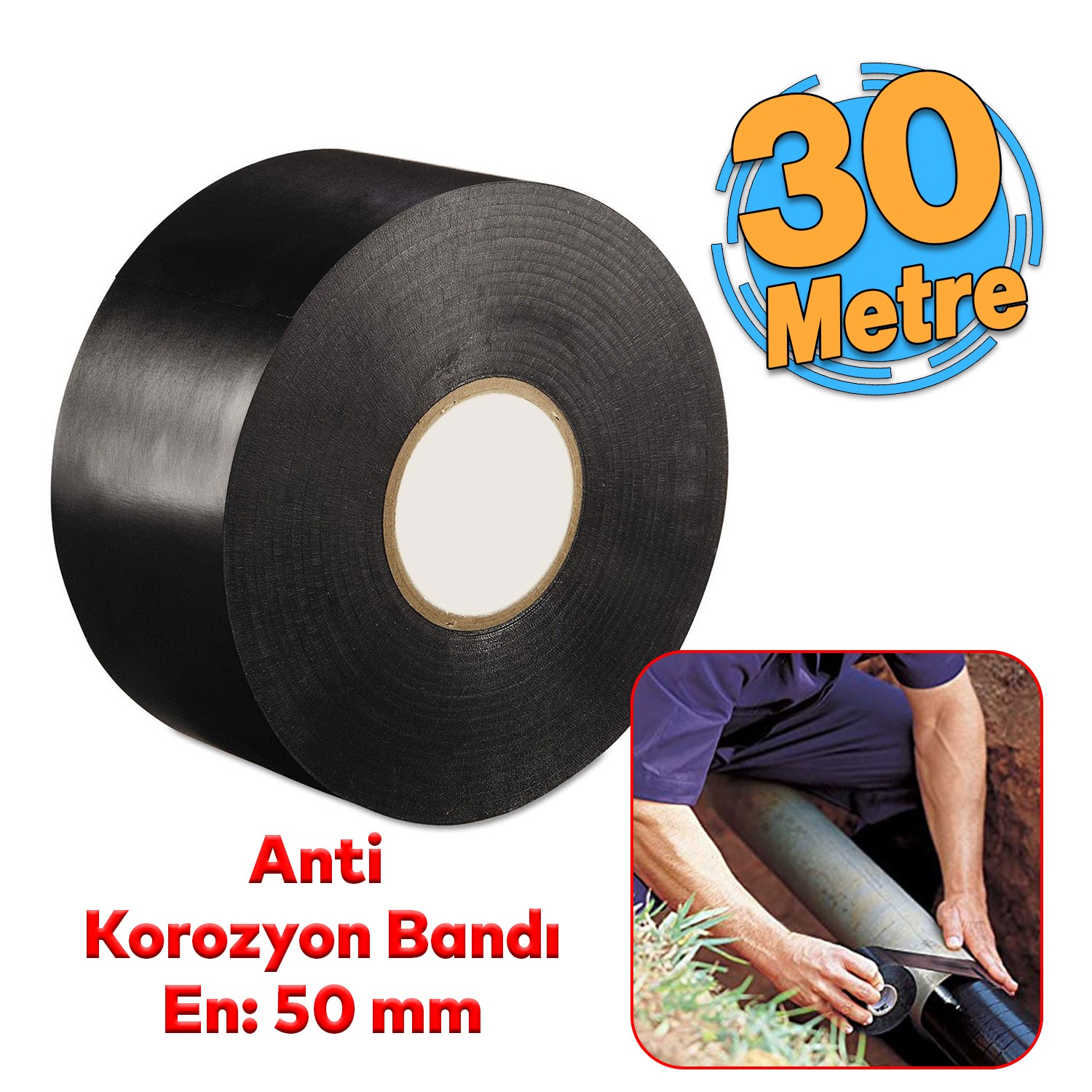 Antikorozyon Bandı Metal Boru Pas Önleme İzolasyon Sarma Bant 50 mm x 30 Metre 1 Adet