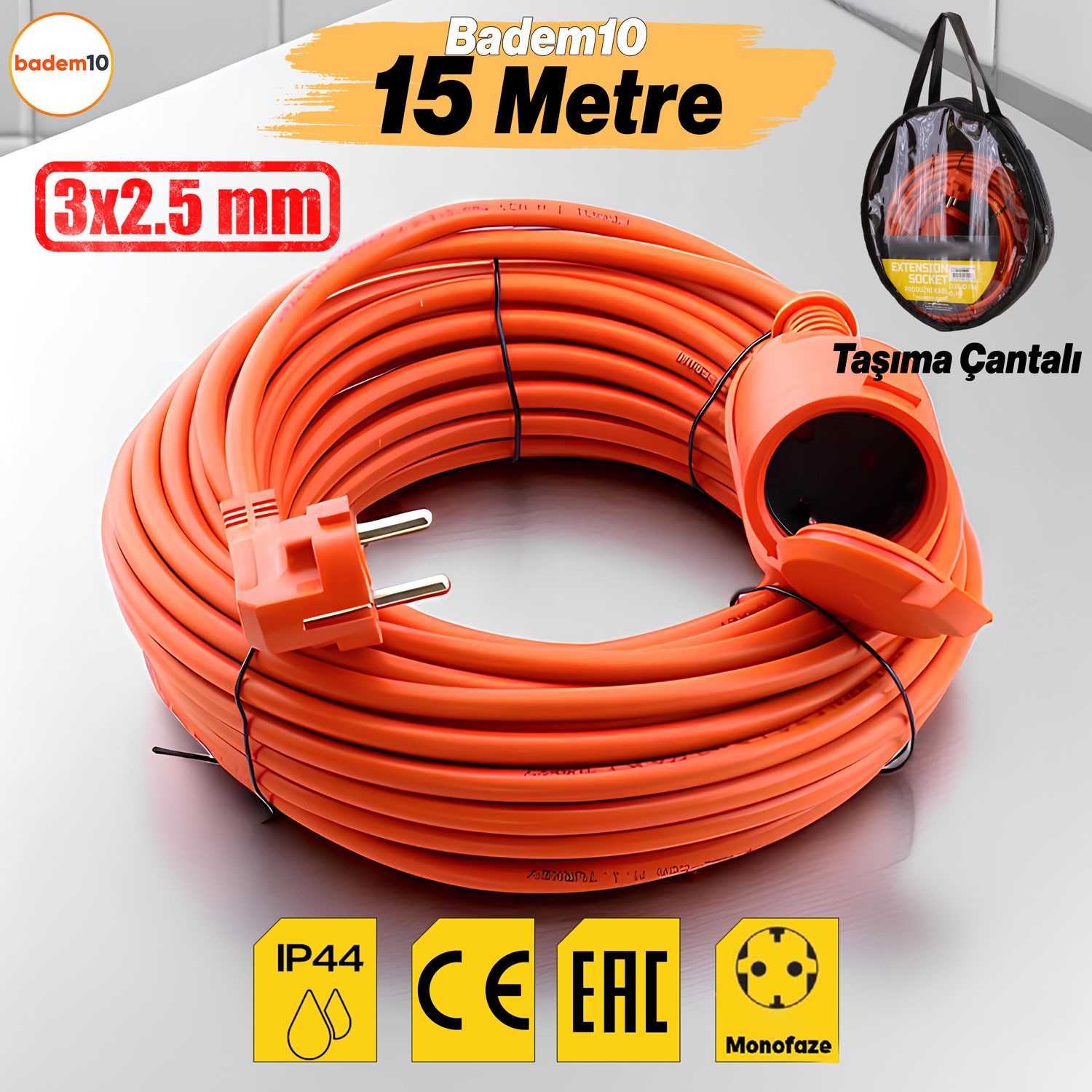 Uzatma Kablosu 15 METRE 3x2.5 mm Ev Tipi Topraklı Kablolu Tekli Grup Fiş Priz Kapaklı Monofaze