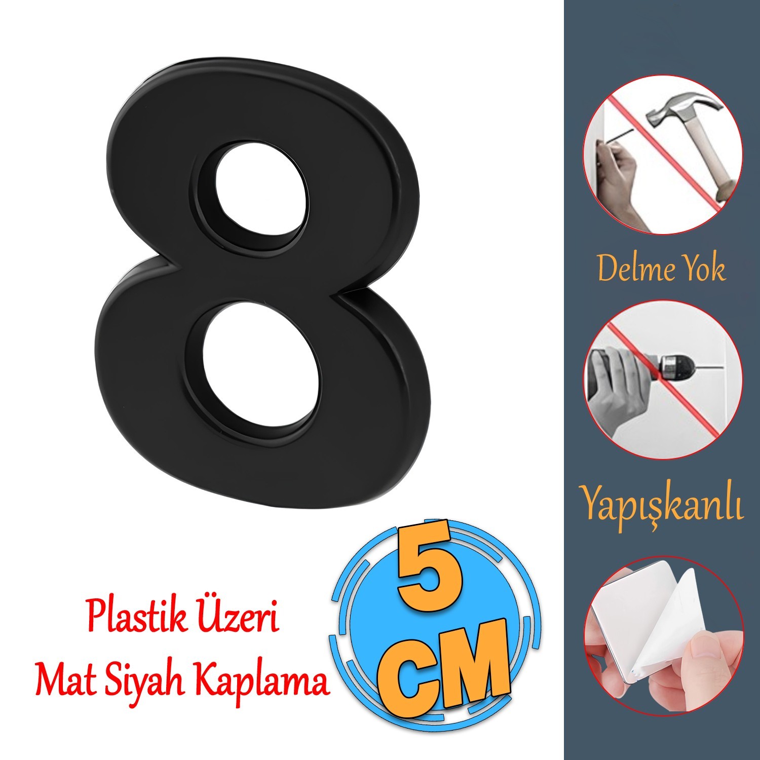 Yapışkanlı Kapı Numarası Küçük Boy 50 mm 5 cm Numara 8 Rakam Sekiz Sayı Siyah Renk Numaralar 1 Adet