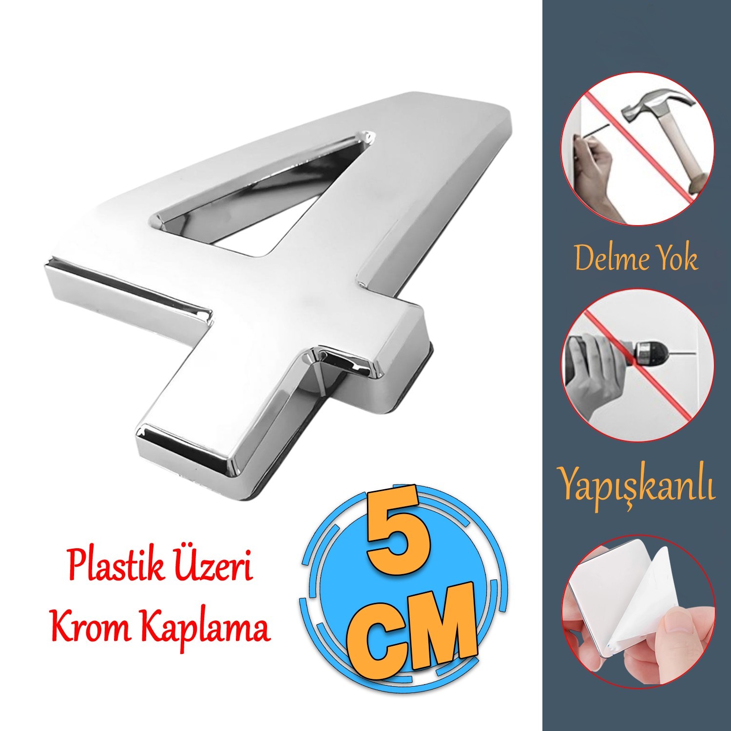 Yapışkanlı Kapı Numarası Küçük Boy 50 mm 5 cm Numara 4 Rakam Dört Sayısı Krom Renk Numaralar 1 Adet