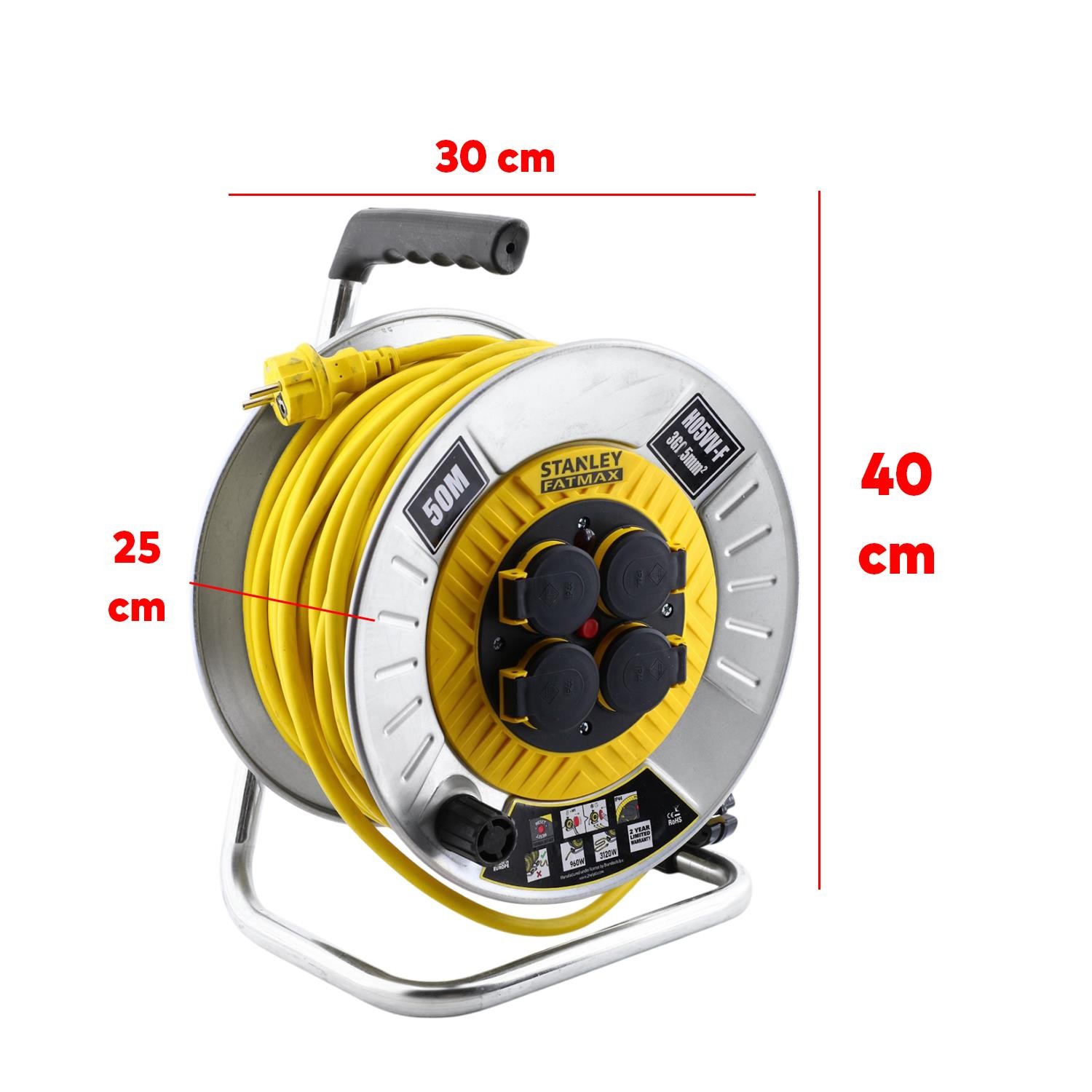 Stanley Metal Makaralı 50 Metre Seyyar %100 Bakır Kablo 4 Prizli Kapaklı Uzatma Kablosu 3x1.5 mm H05VV-F