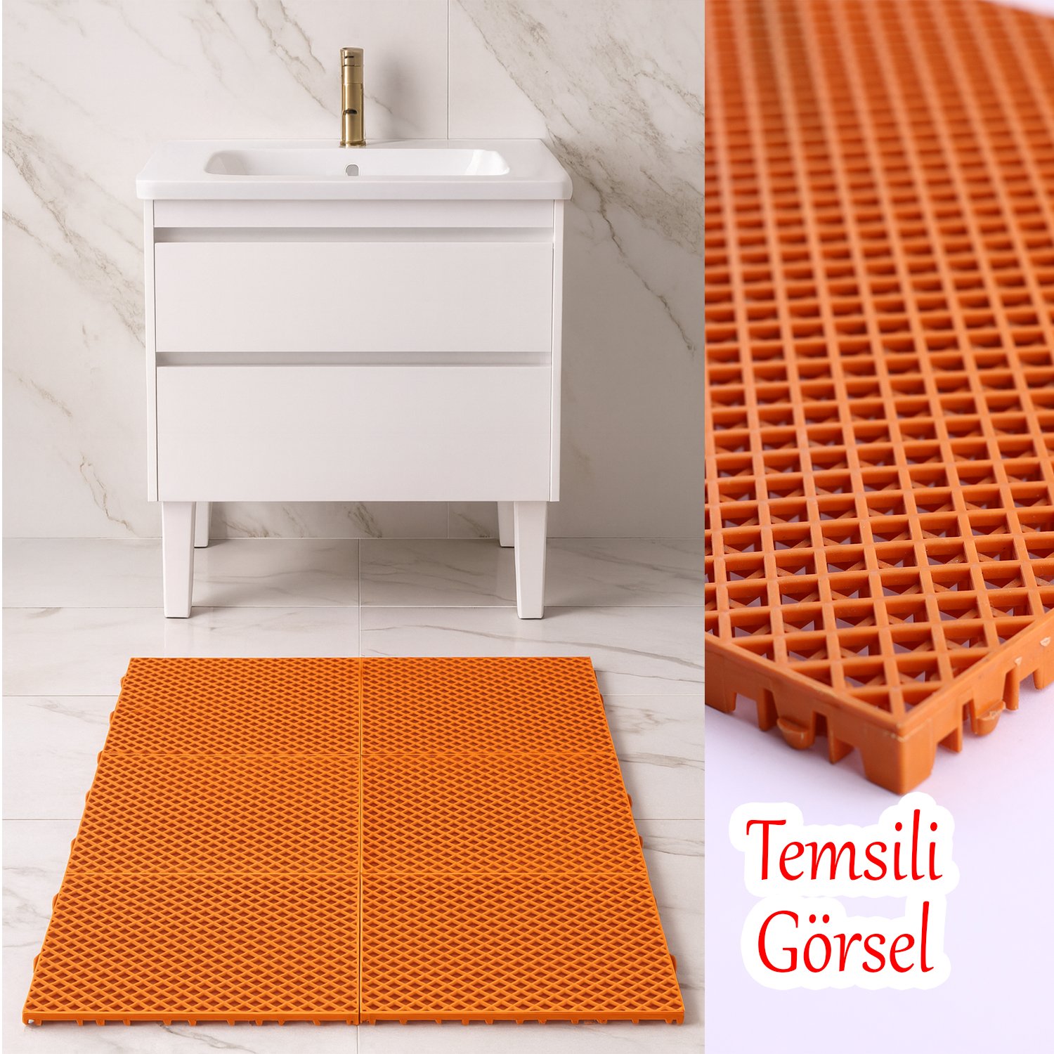 Plastik Karo Banyo Wc Lavabo Tuvalet Zemin Izgarası 30x30 cm Turuncu Renk 6 Adet Kaydırmaz Izgara