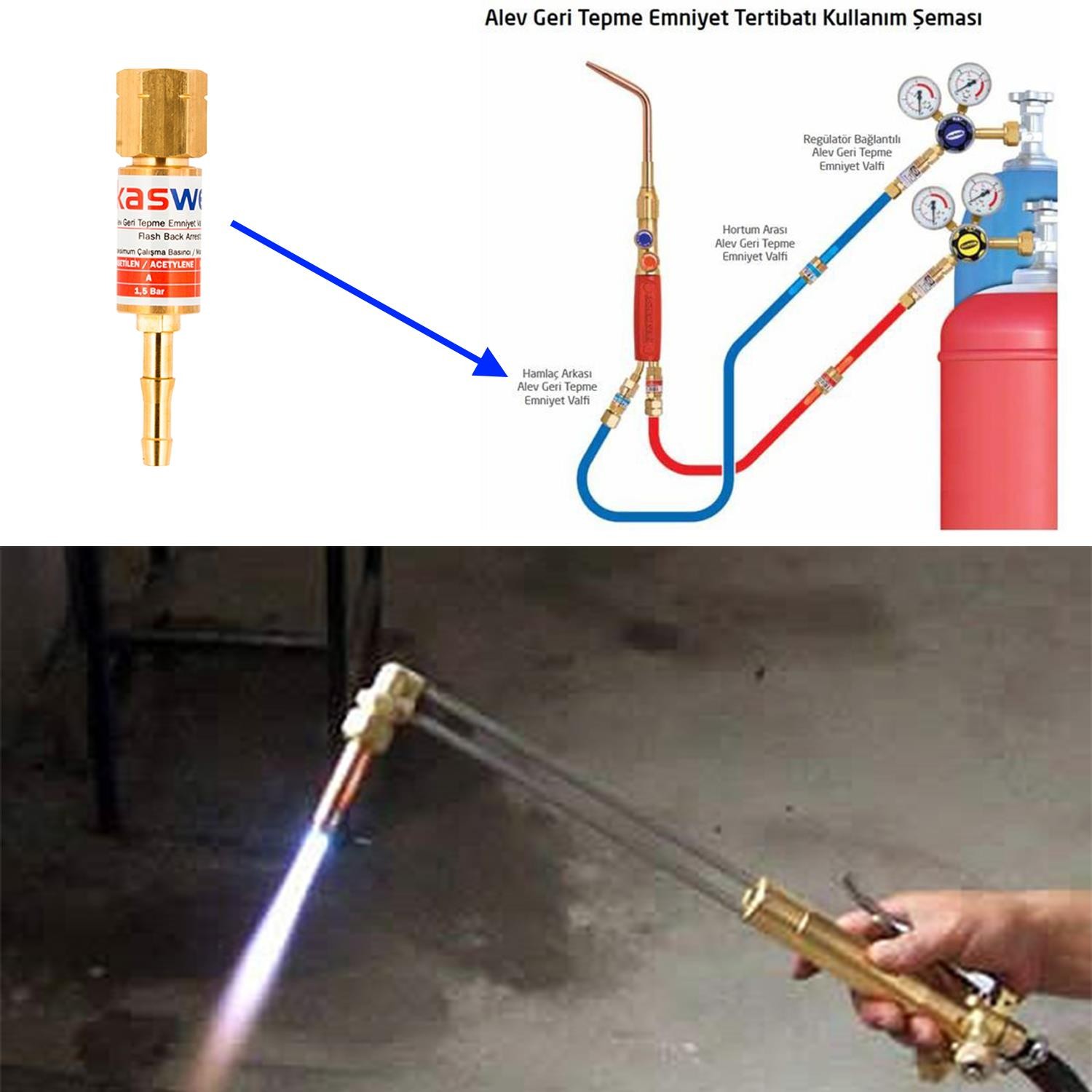 Kasweld Alev Geri Tepme Valfi Oksijen Kaynak 3005 A Gaz Asitelen Tüp Hamlaç Regülatör Lülesi M16 mm