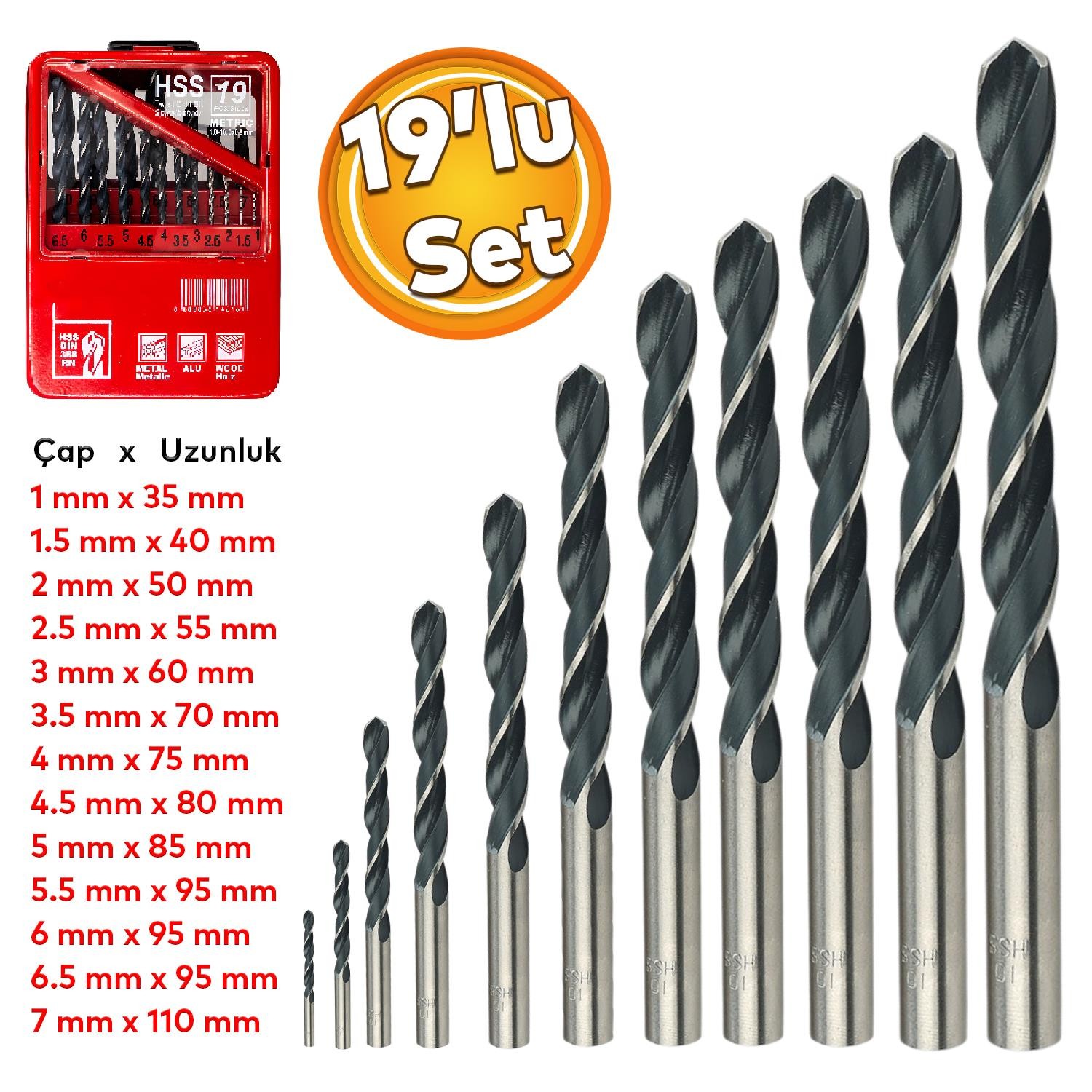 Matkap Ucu Set 19'lu Paket Metal Alüminyum Ahşap Plastik Çelik Delme Uç Seti Delik Açma Uçları